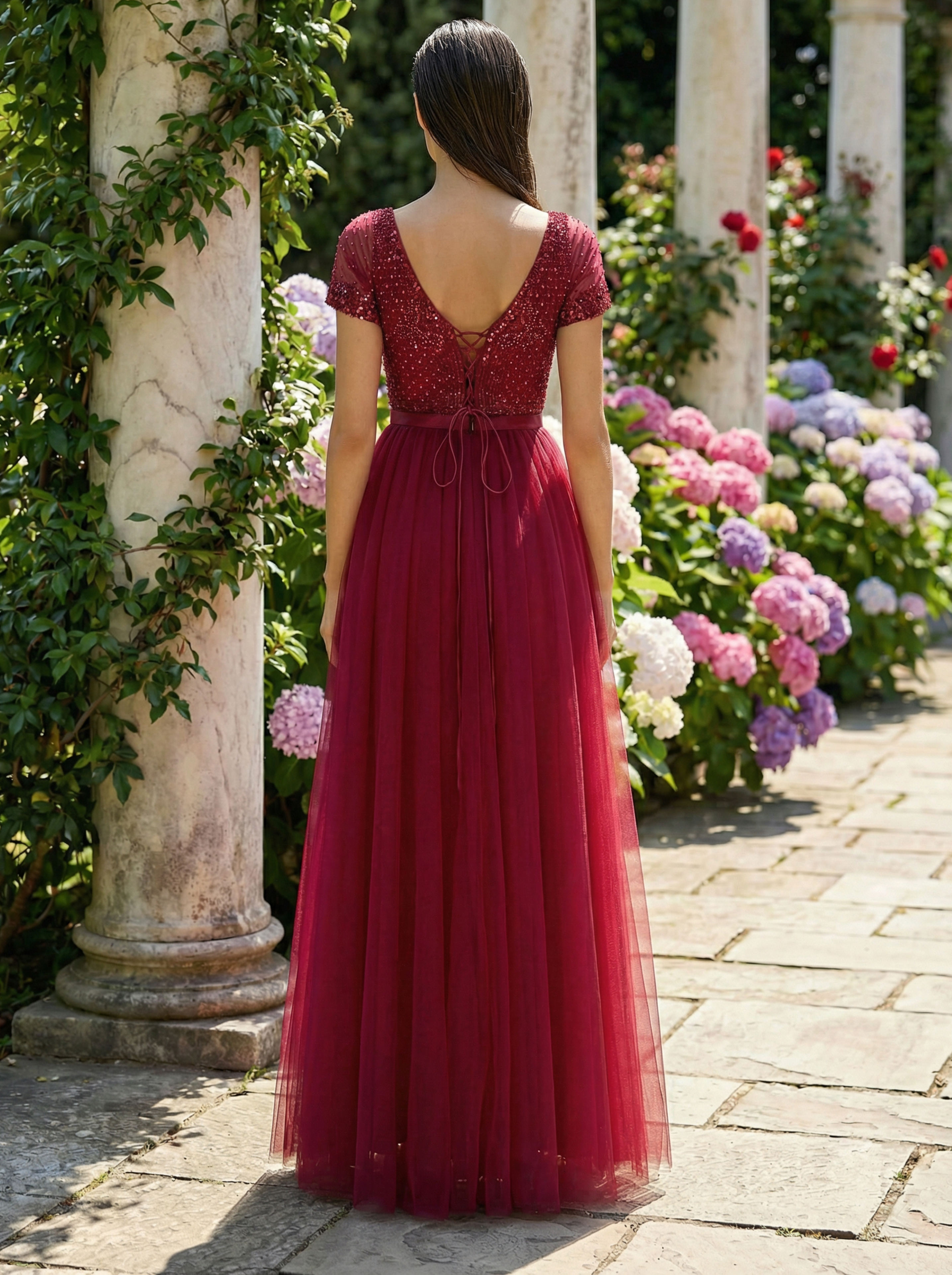 V Neck Beaded Prom Dress with Short Sleeve