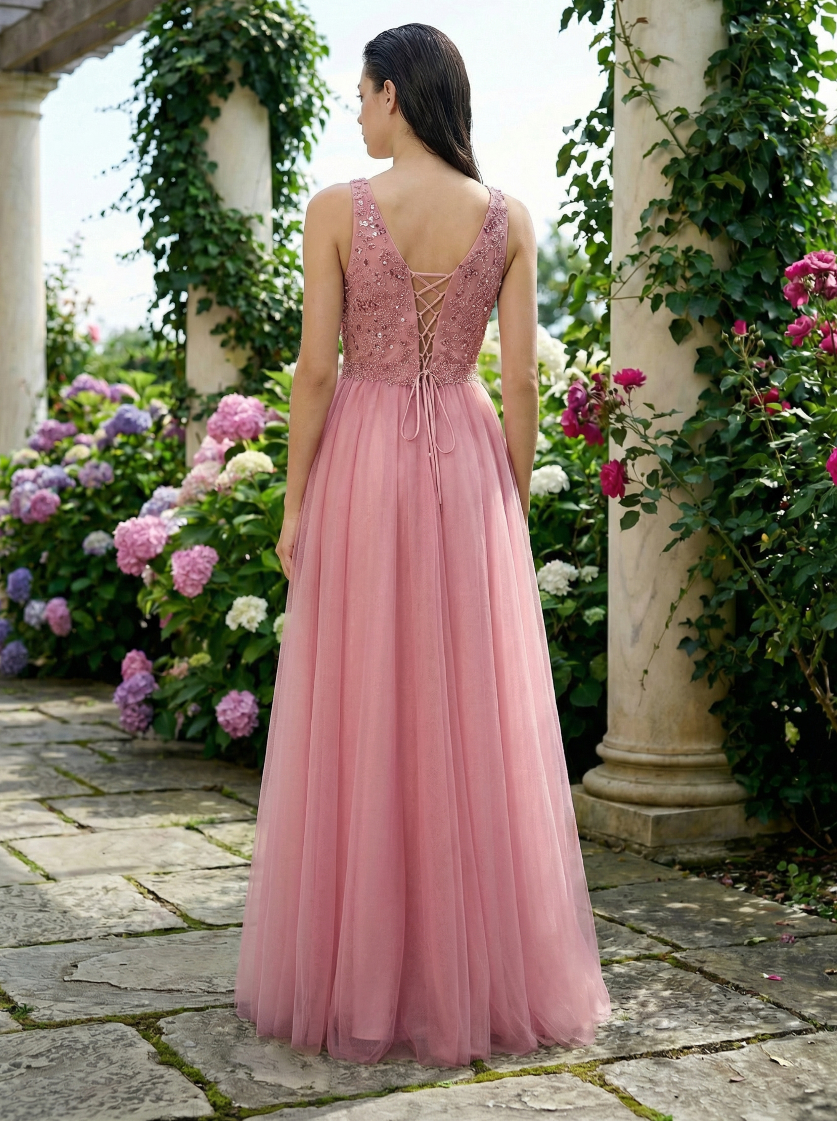 Blush Pink Beaded Tulle Gown with Full Skirt