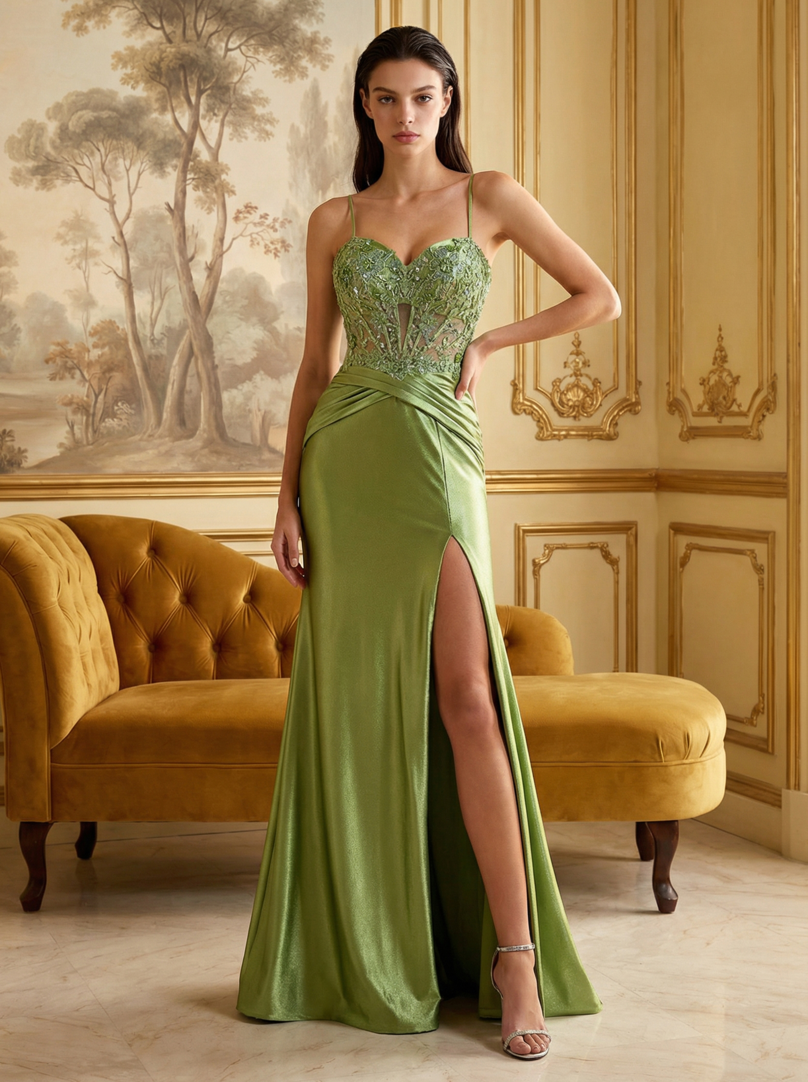 Fresh Green Spaghetti Strap Mermaid Evening Dress with 3D Flower Appliqués
