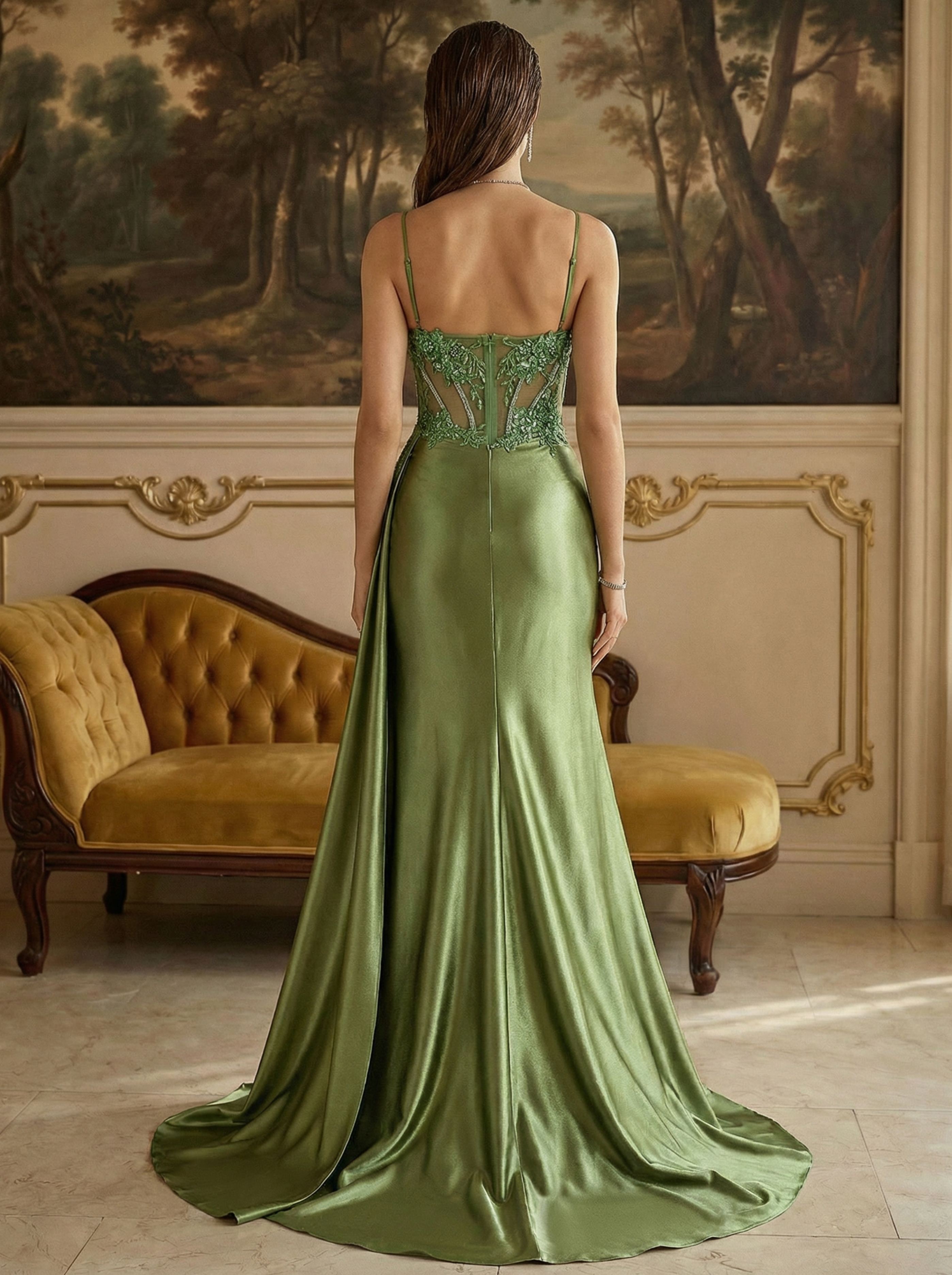 Spaghetti Strap Beaded Mermaid Evening Gown with Side Slit