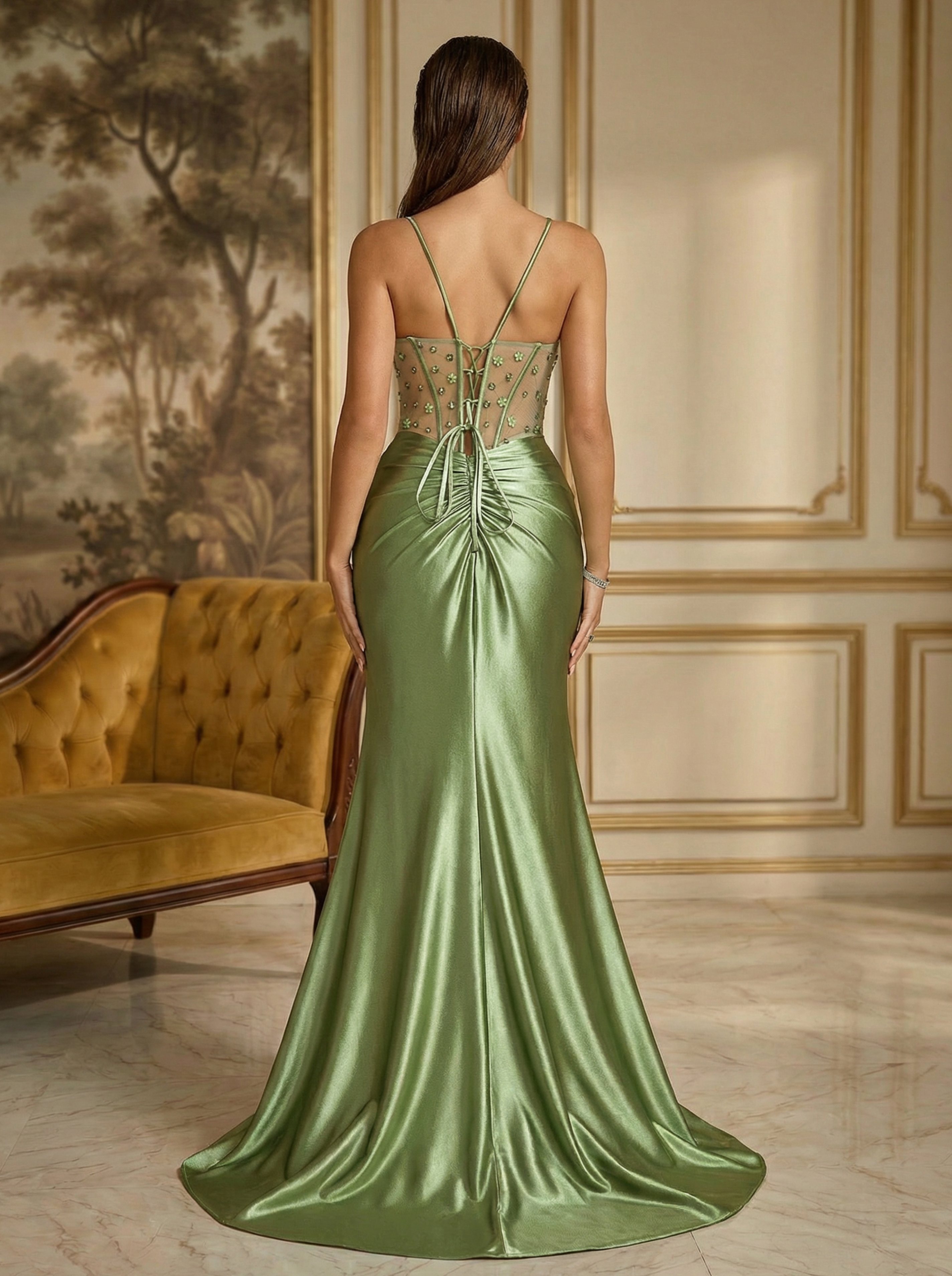 Elegant Beaded Ruched Split Mermaid Evening Gown