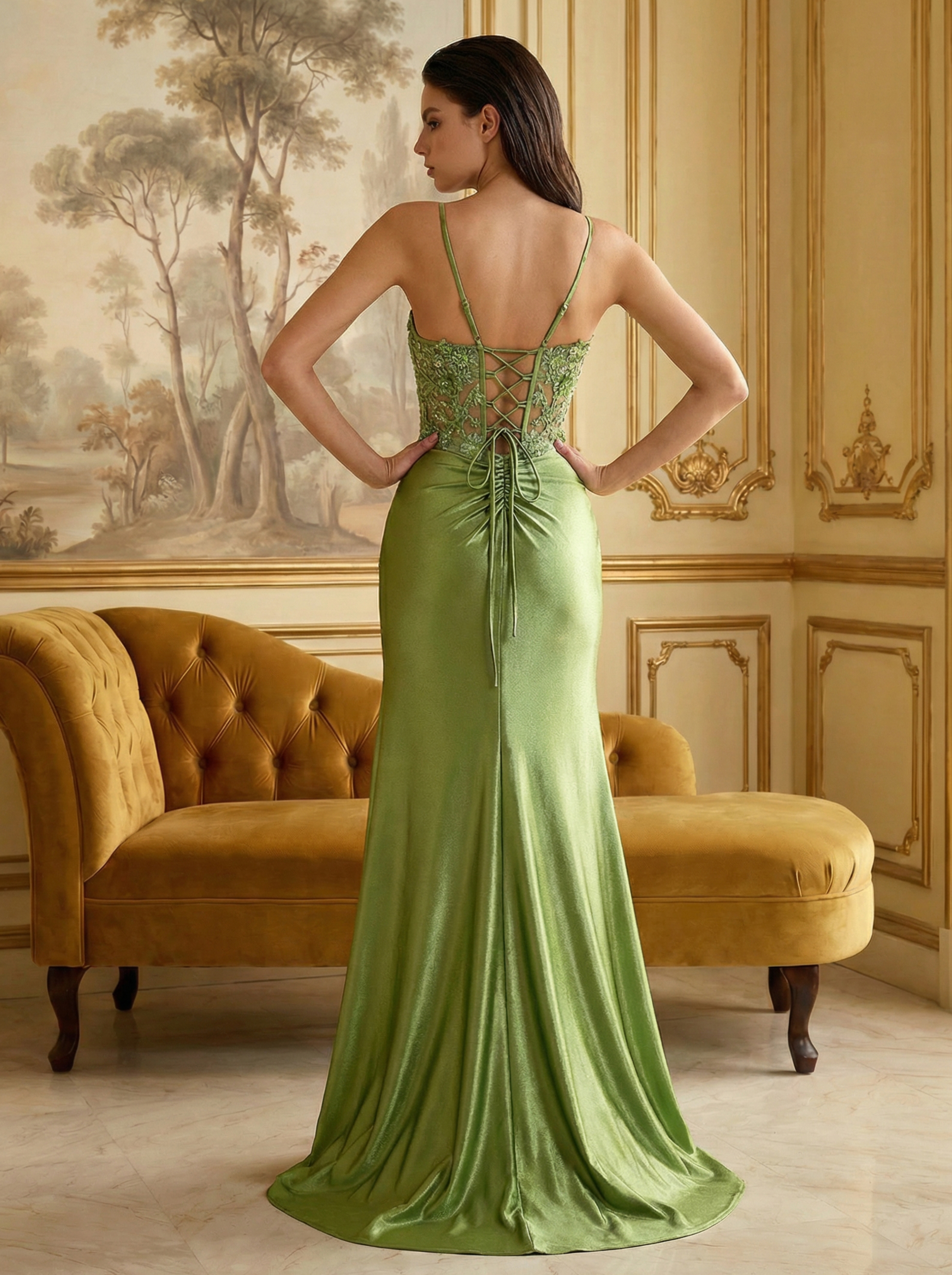 Fresh Green Spaghetti Strap Mermaid Evening Dress with 3D Flower Appliqués