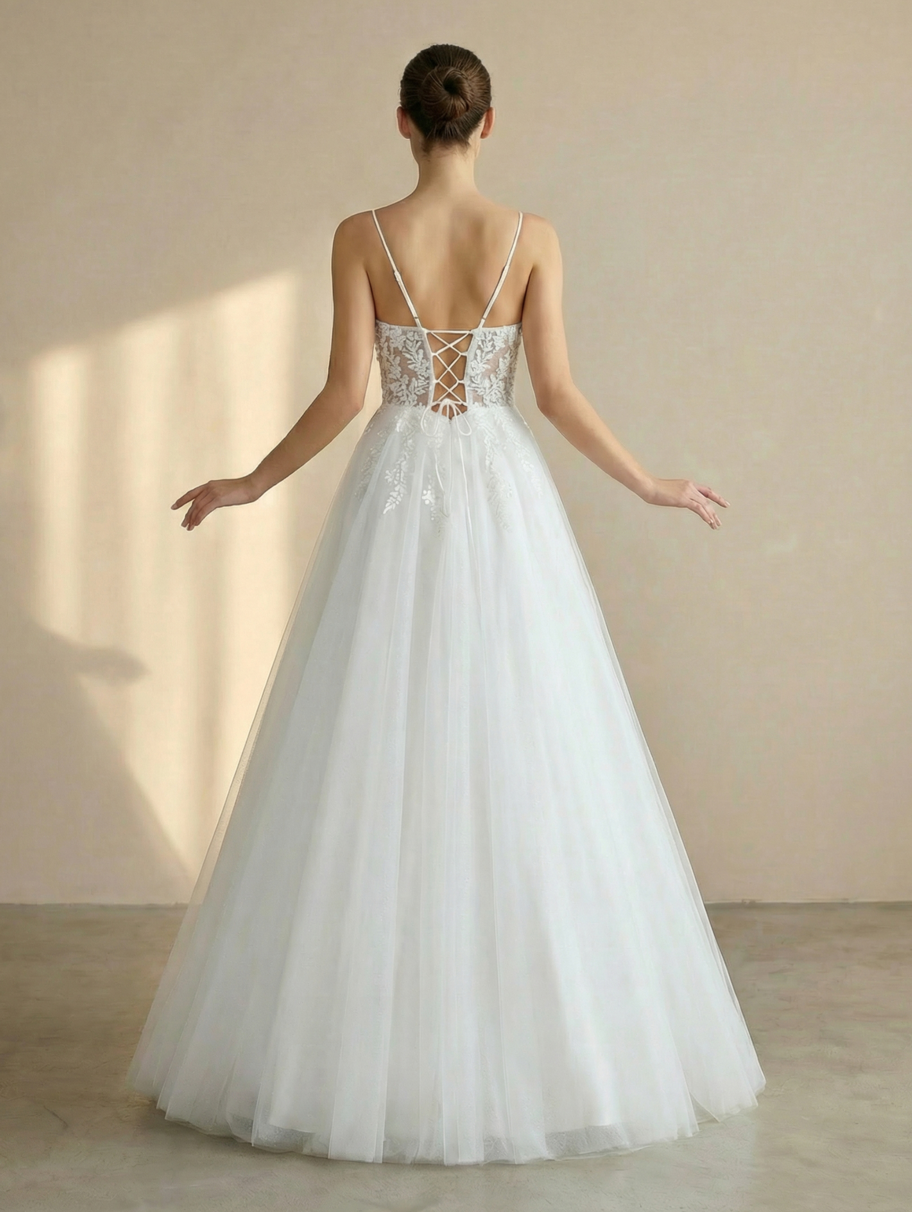 Sheer Corset Bodice Spaghetti Strap A-Line Wedding Dress