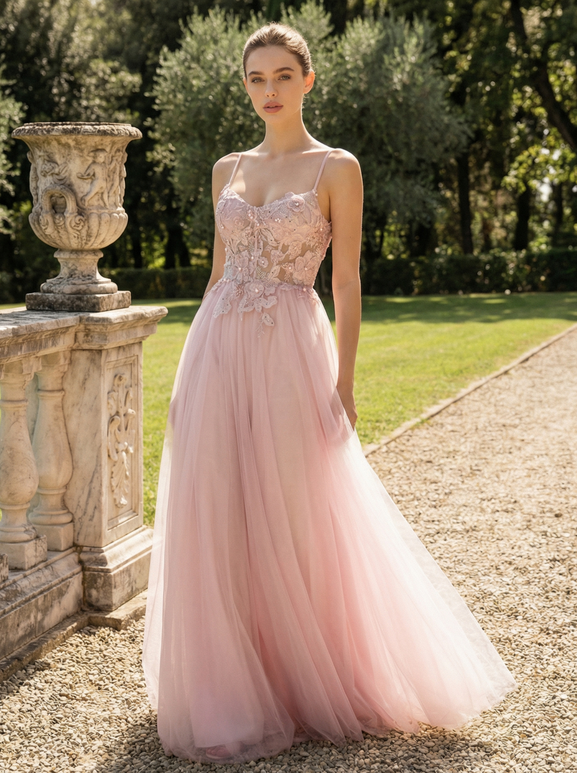 Modecrush Pink Spaghetti Strap Prom Dresses V-neck Long Evening Party Gowns