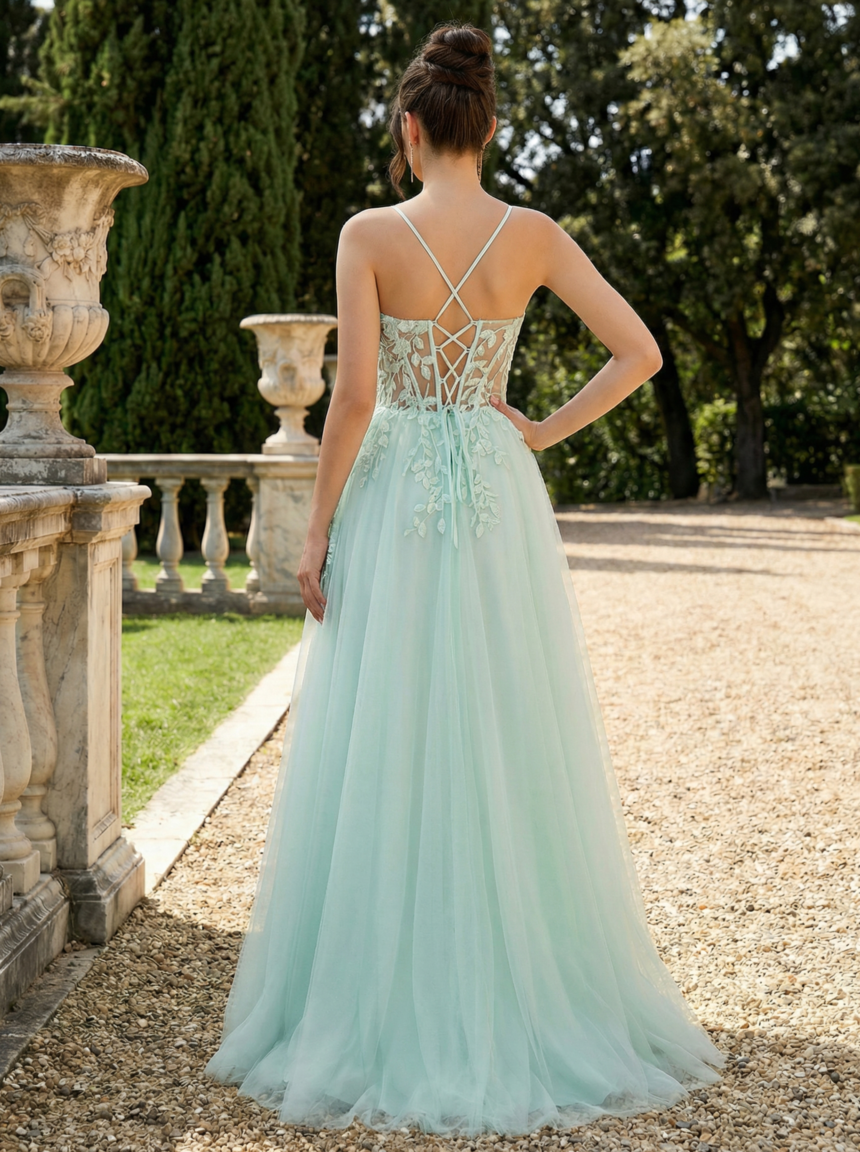 Modecrush Mint Green Dimensional Embroidery Long Lively Spaghetti Strap Wedding Guest Dress Making Women Younger And More Charming, Suitable For Various Parties, Graduations, Weddings