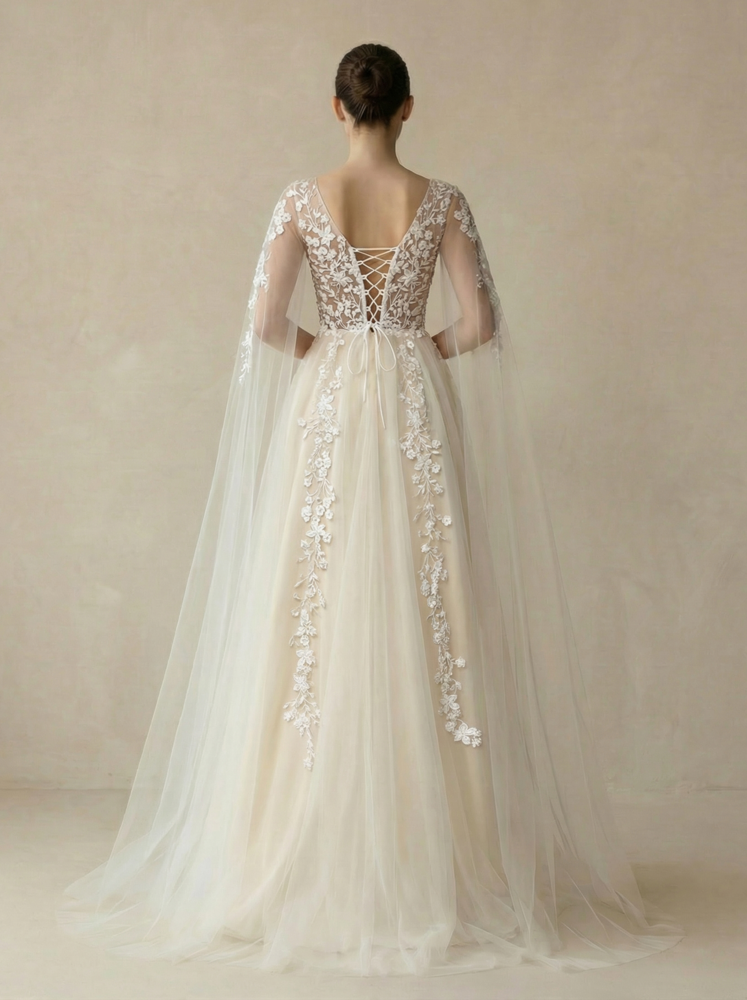 V-Neck Wedding Dress with Extra-Long Sheer Lace Sleeves