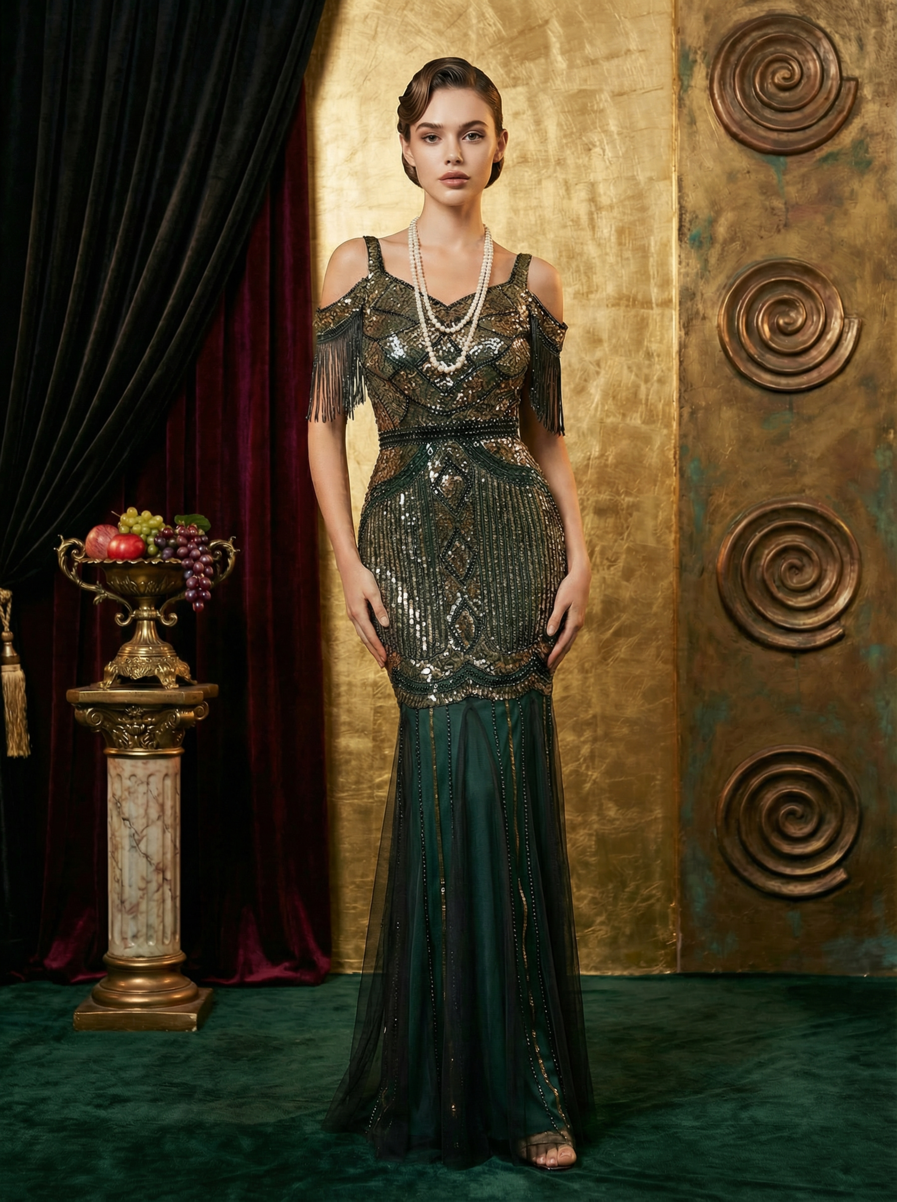 Vintage Emerald Green Gown with Gold Sequin Embroidery