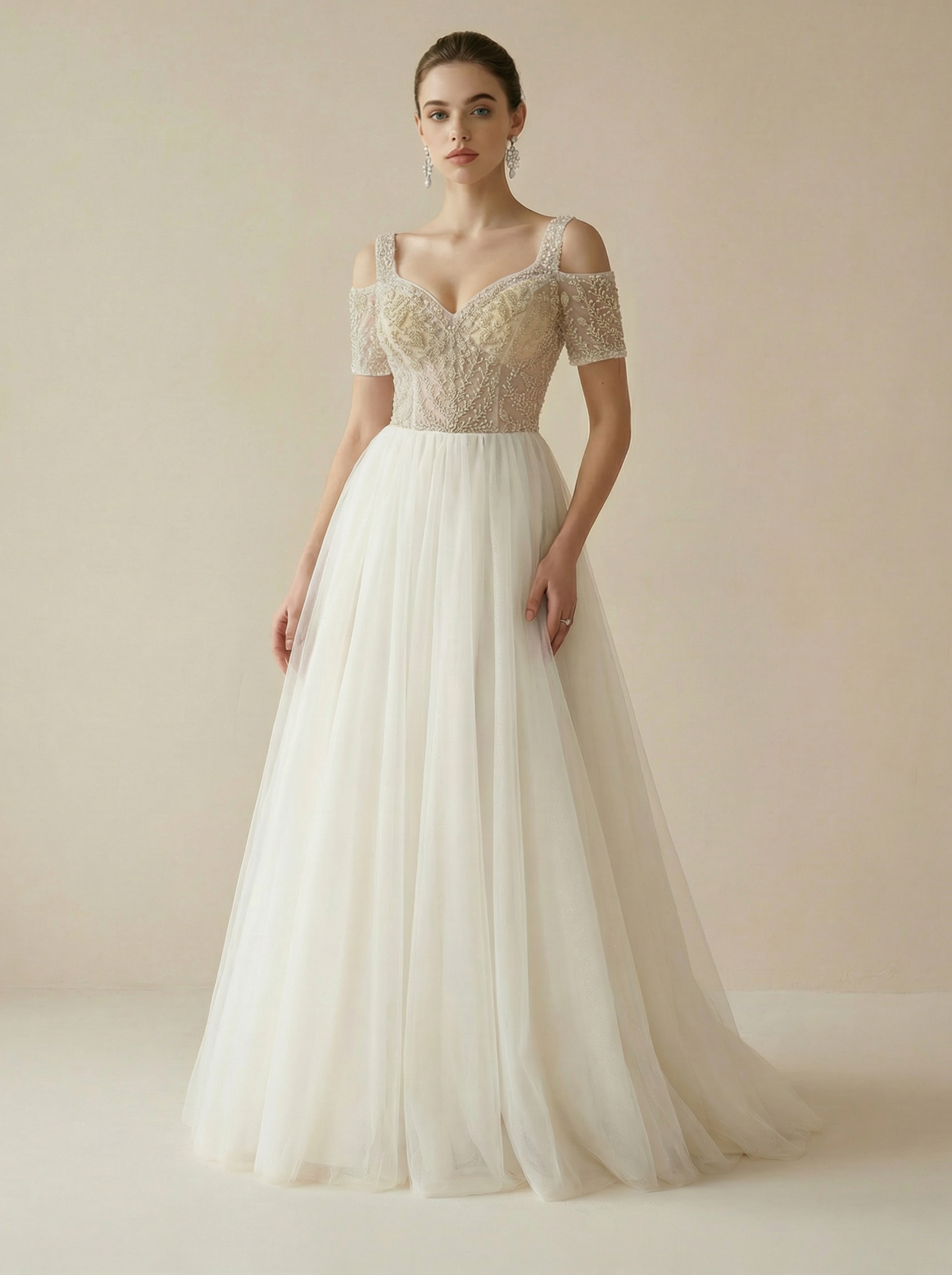Off-Shoulder Sweetheart Tulle Ball Gown with Short Sleeves