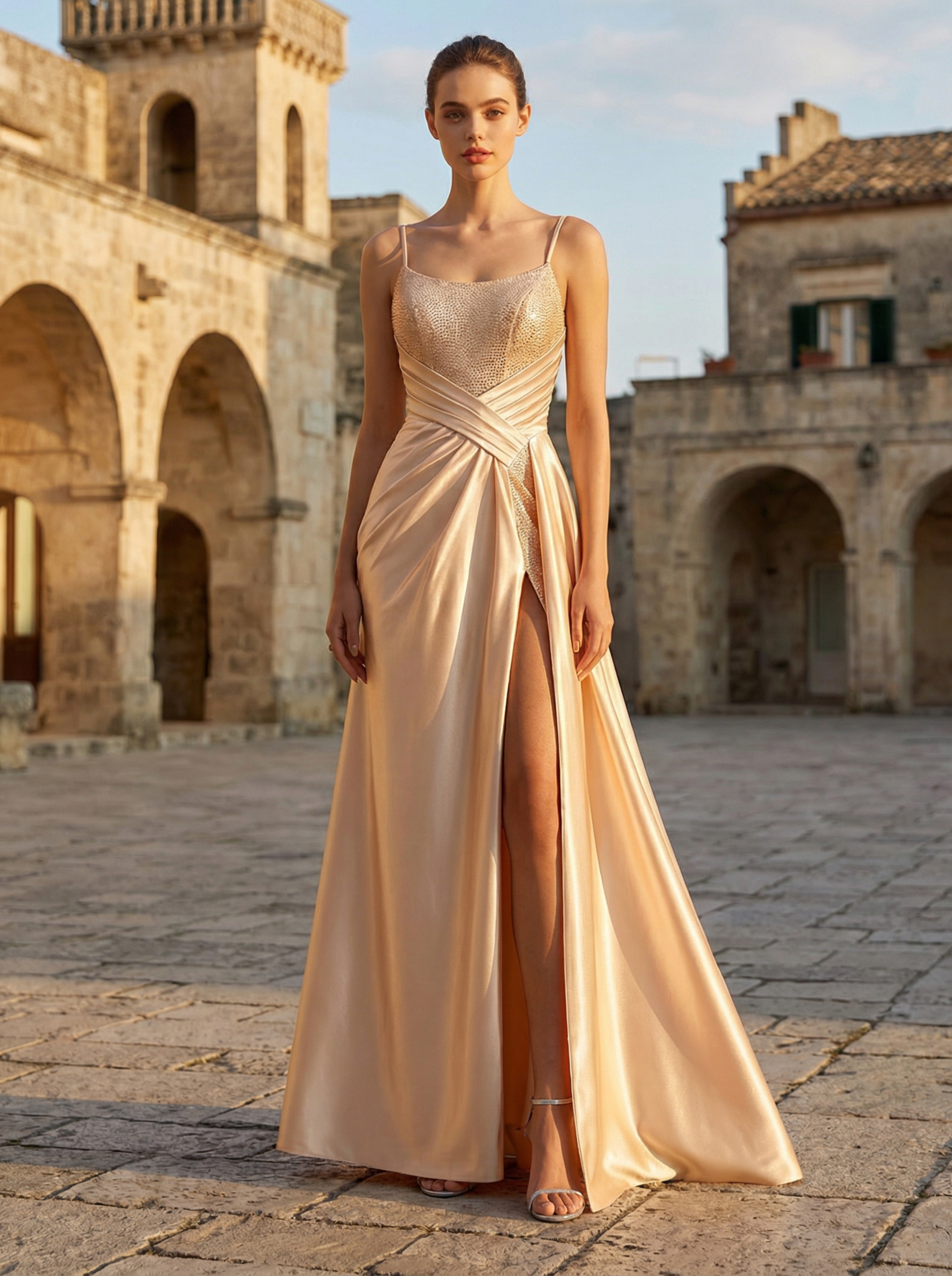 Elegant Champagne Beaded Mermaid Dress with High Slit for Formal Occasions