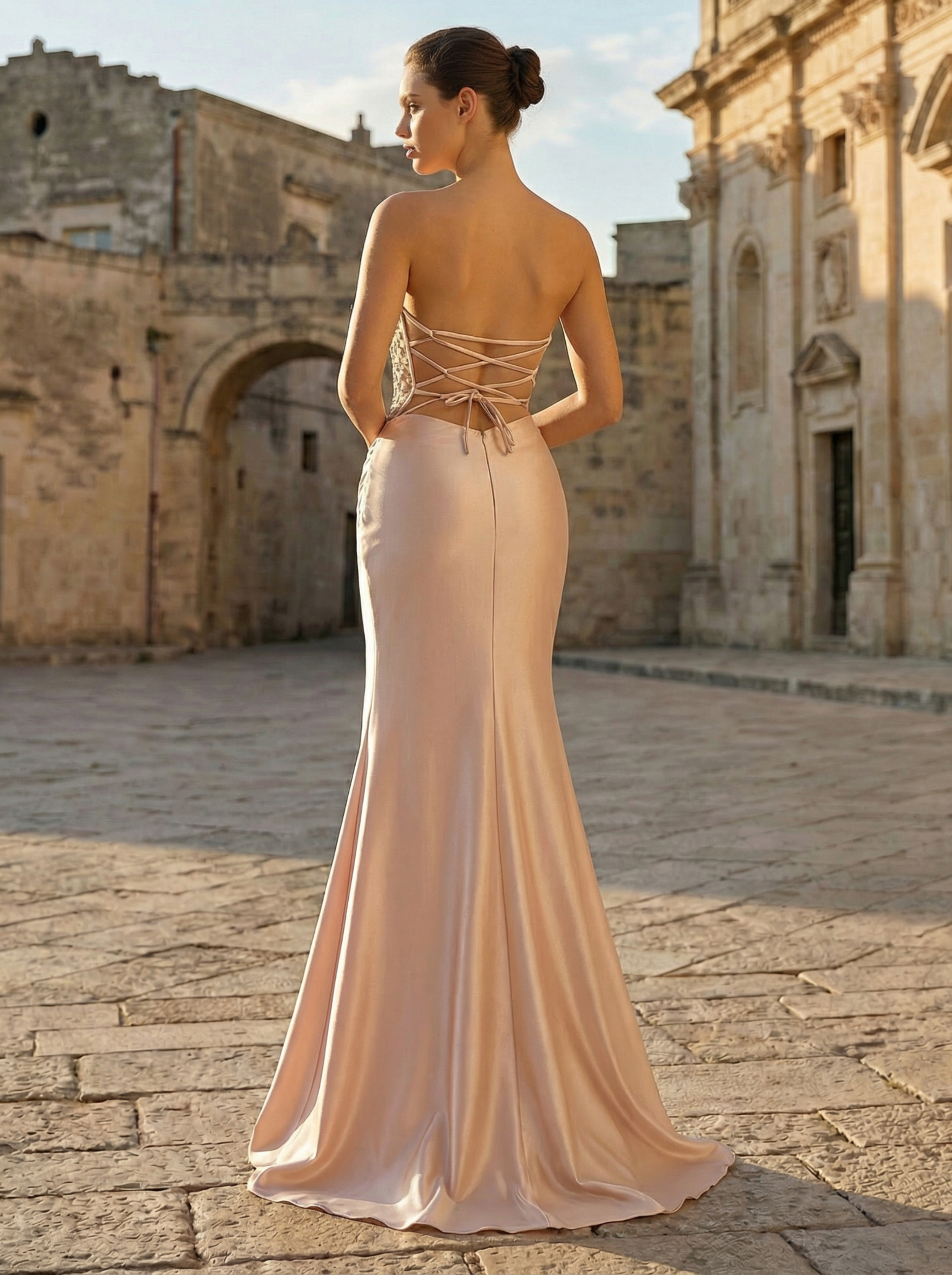 Sexy Champagne Draped Beaded Mermaid Gown with Slit