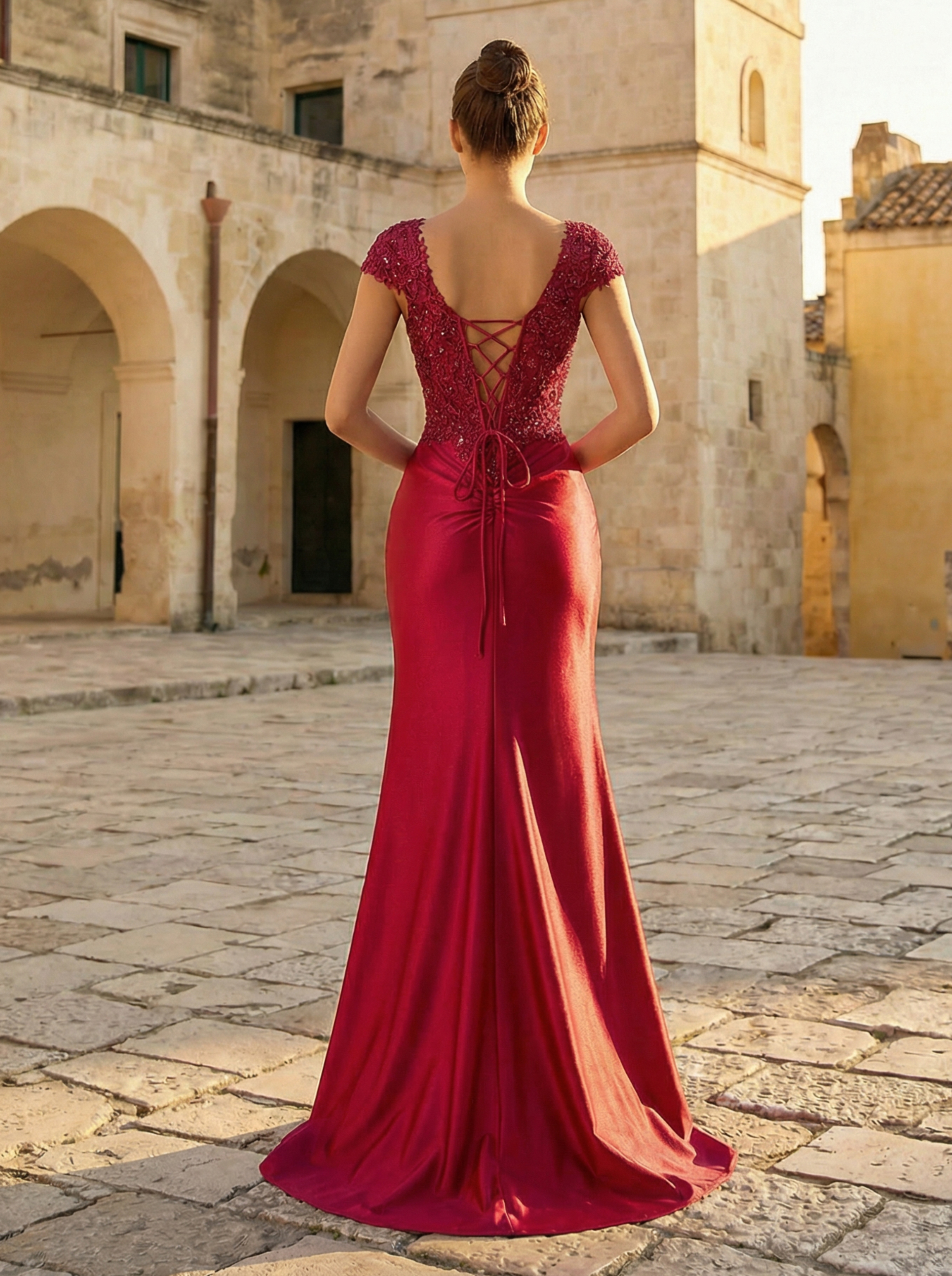 Burgundy Cape-Sleeve Lace Applique Sequin Mermaid Formal Gown