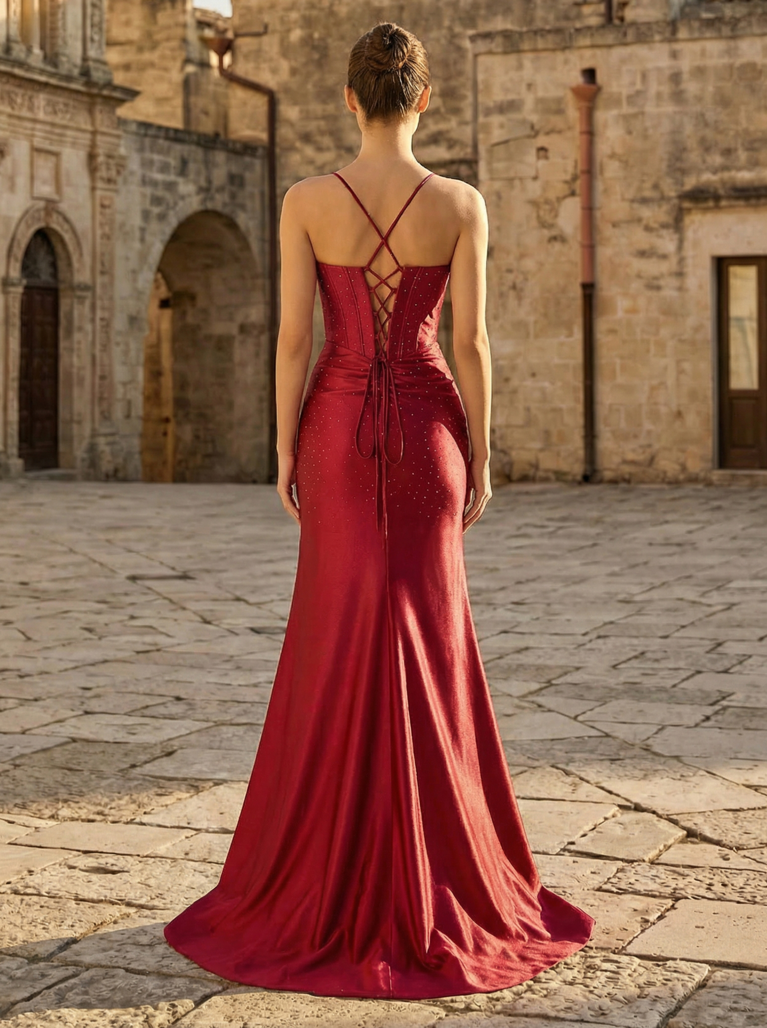 Luxury Wine Red Mermaid Gown with Crystal Embroidery and Draped Slit