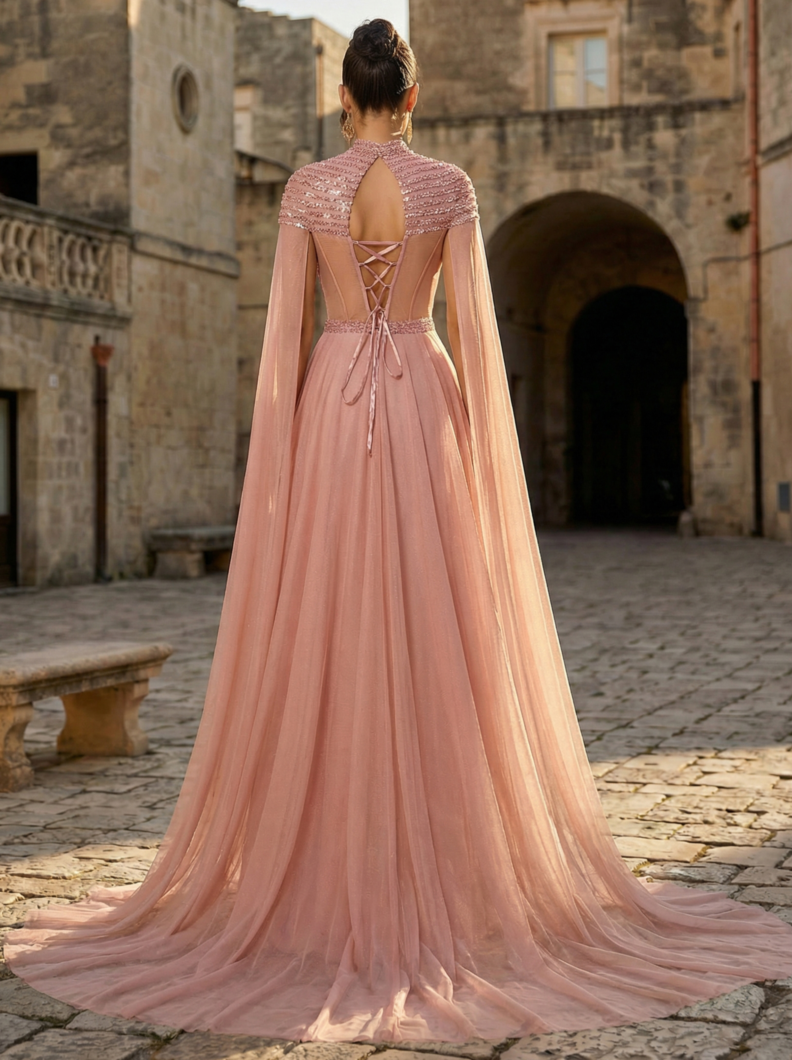 Elegant Sequined Gown with Tulle and Extra-Long Sleeves for Formal Occasions