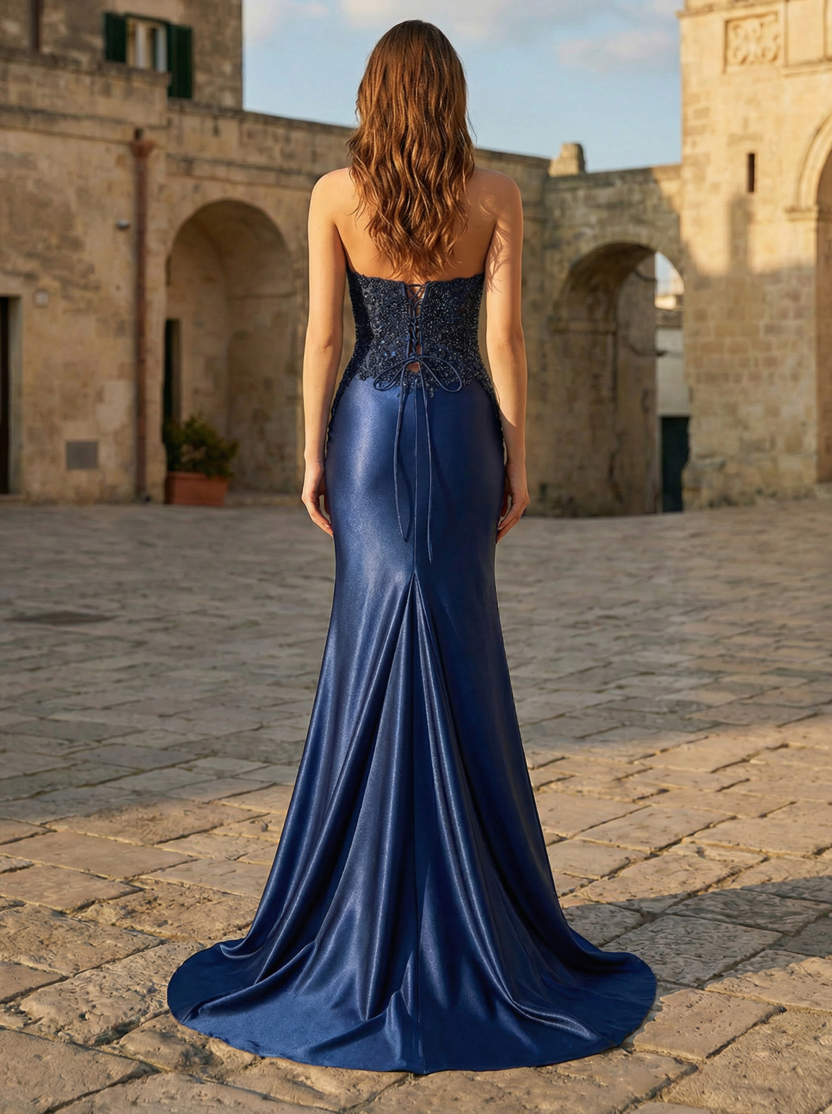 Elegant Strapless Beaded Corset High Slit Train Gown Formal Evening Dress