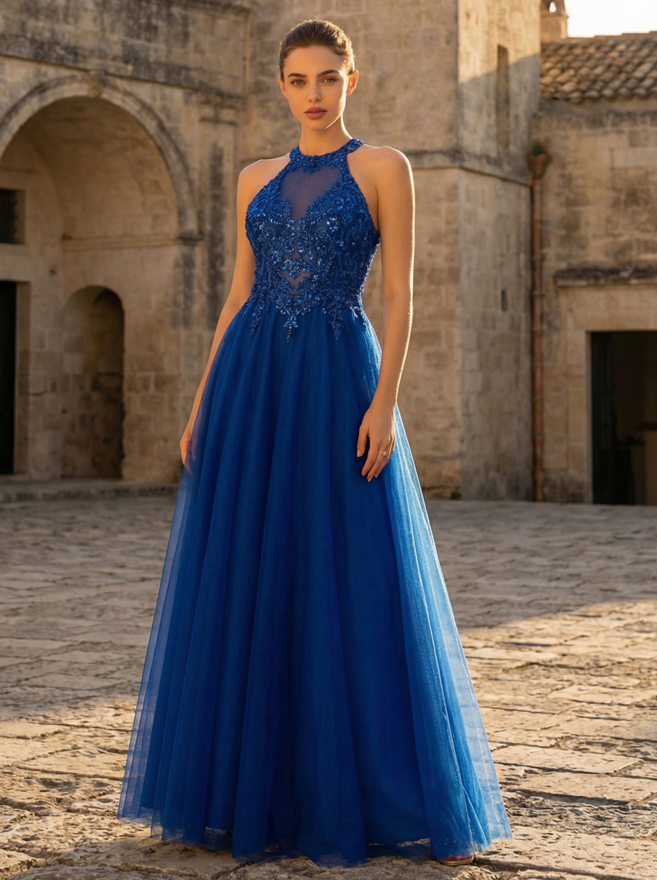 Elegant Royal Blue Formal Gown with a Halter Neckline and Floral Lace on Tulle in Royalblue - Elegant Formal Dress