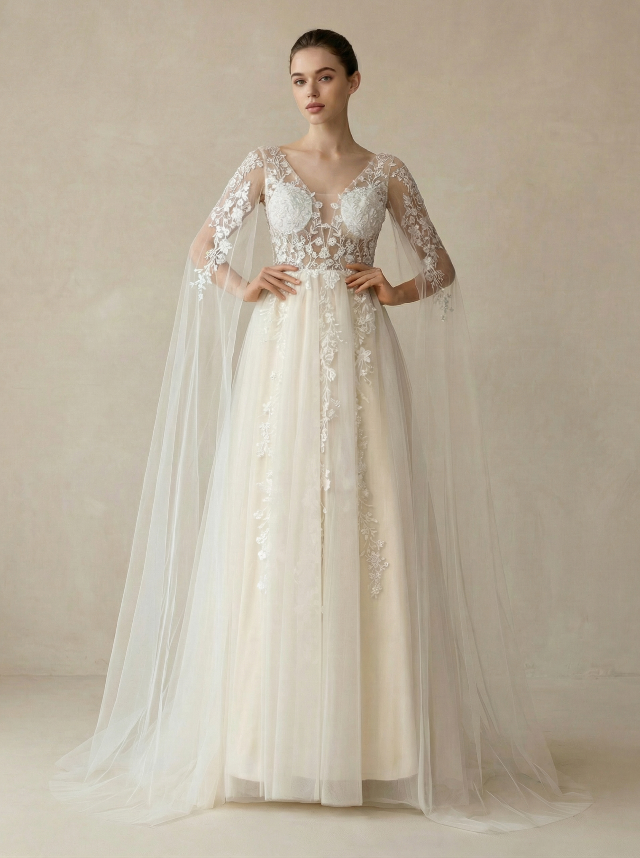 V-Neck Wedding Dress with Extra-Long Sheer Lace Sleeves