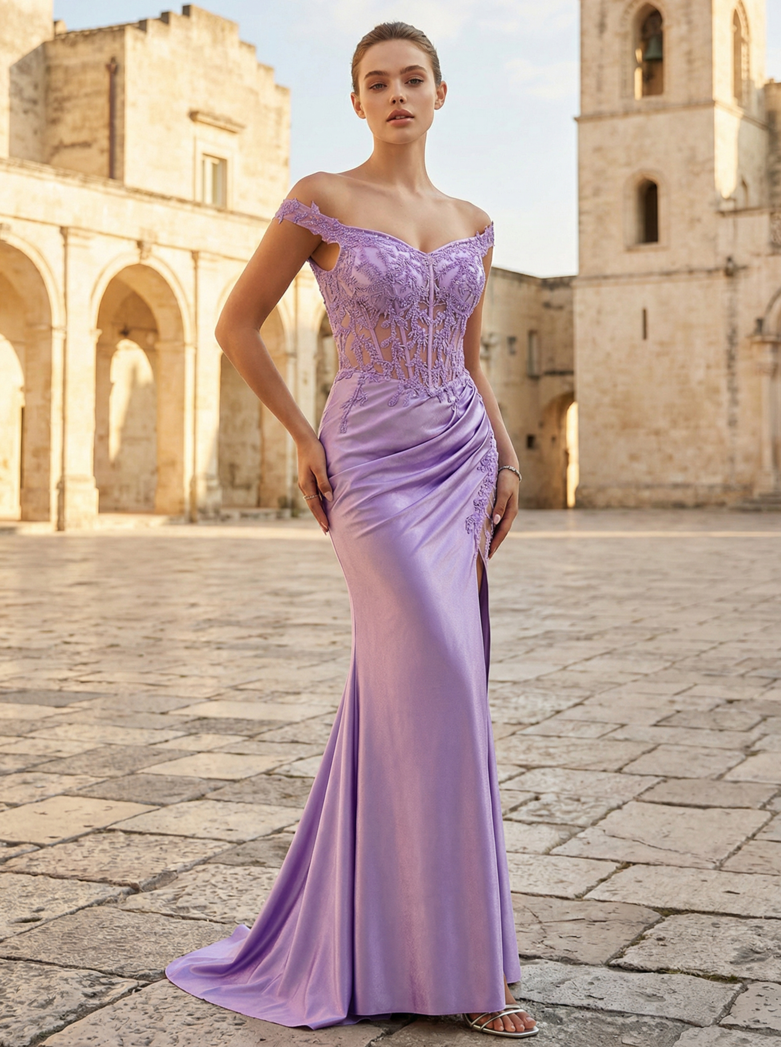 Lilac Floral Embroidered Off-Shoulder Sexy Evening Gown with High Slit in Lavender - Elegant Formal Dress