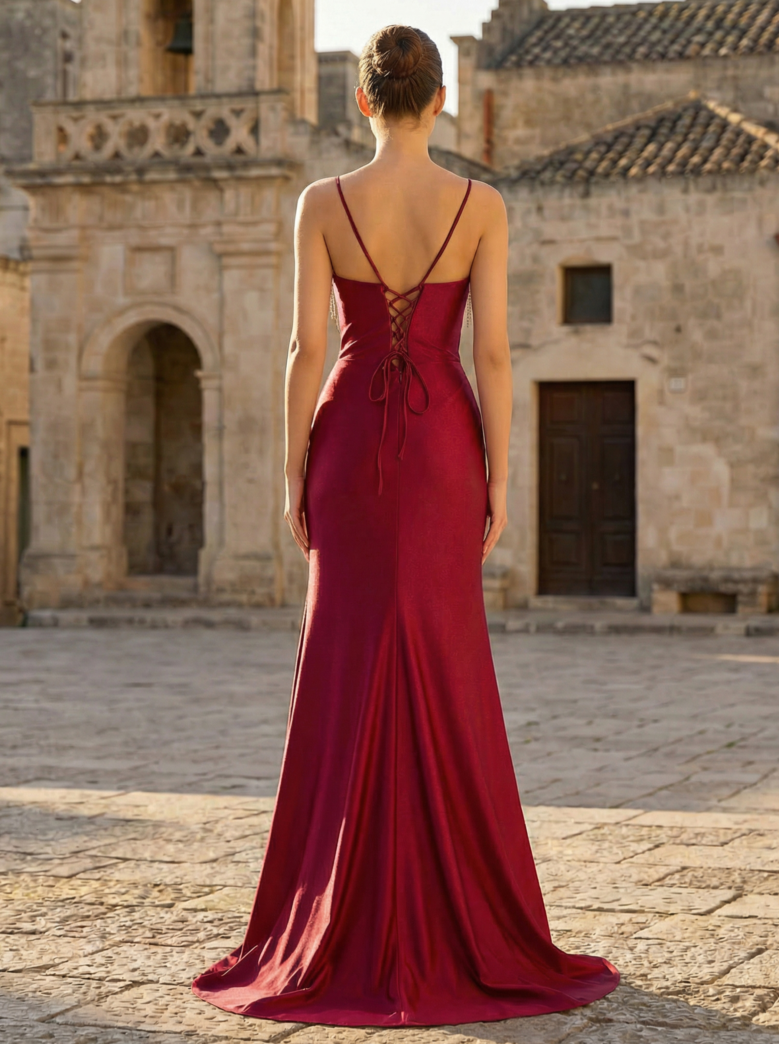 Elegant Burgundy Mermaid Dress with Spaghetti Straps, Featuring a Beaded Fringe in Burgundy - Elegant Formal Dress