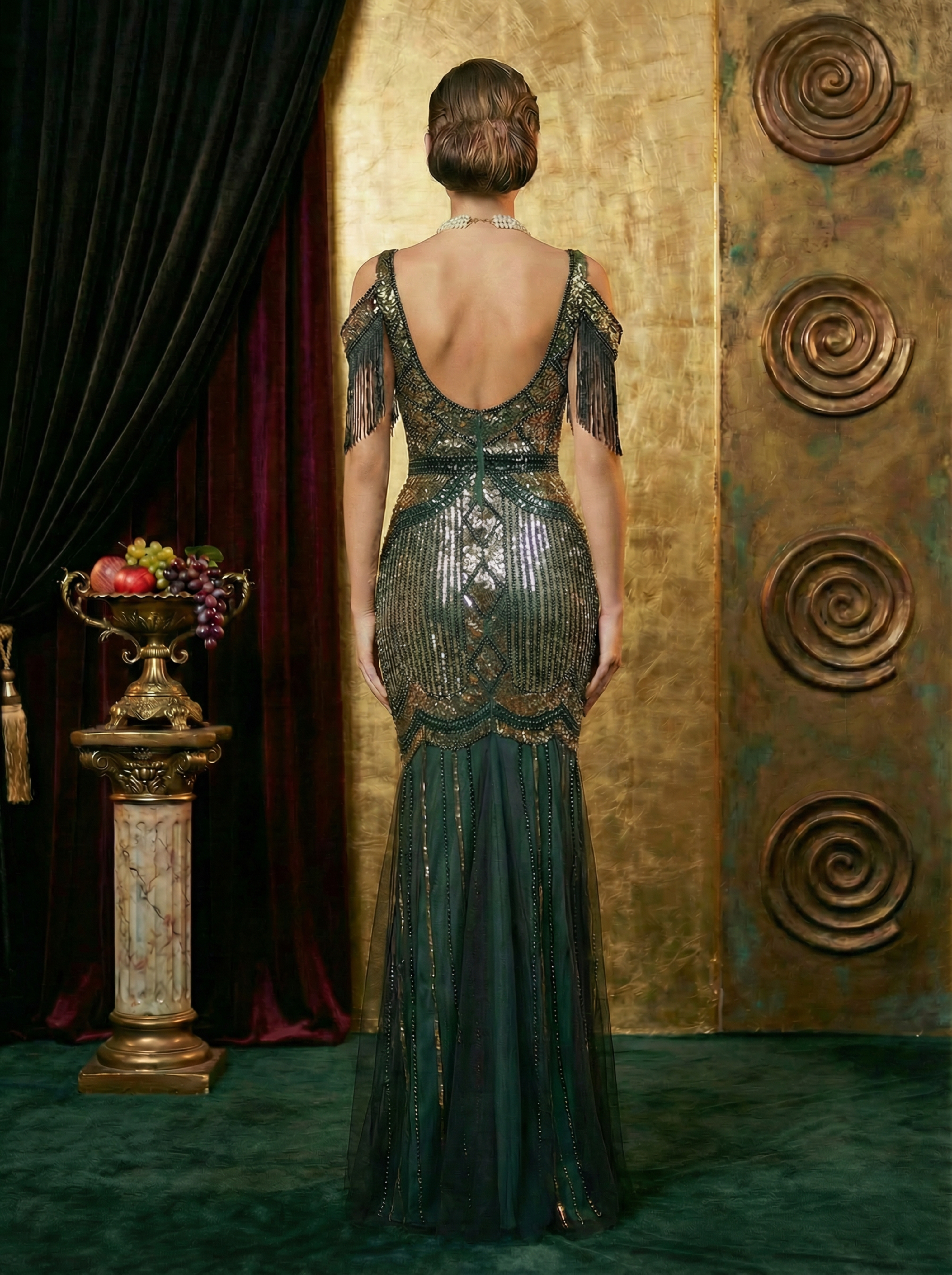 Vintage Emerald Green Gown with Gold Sequin Embroidery