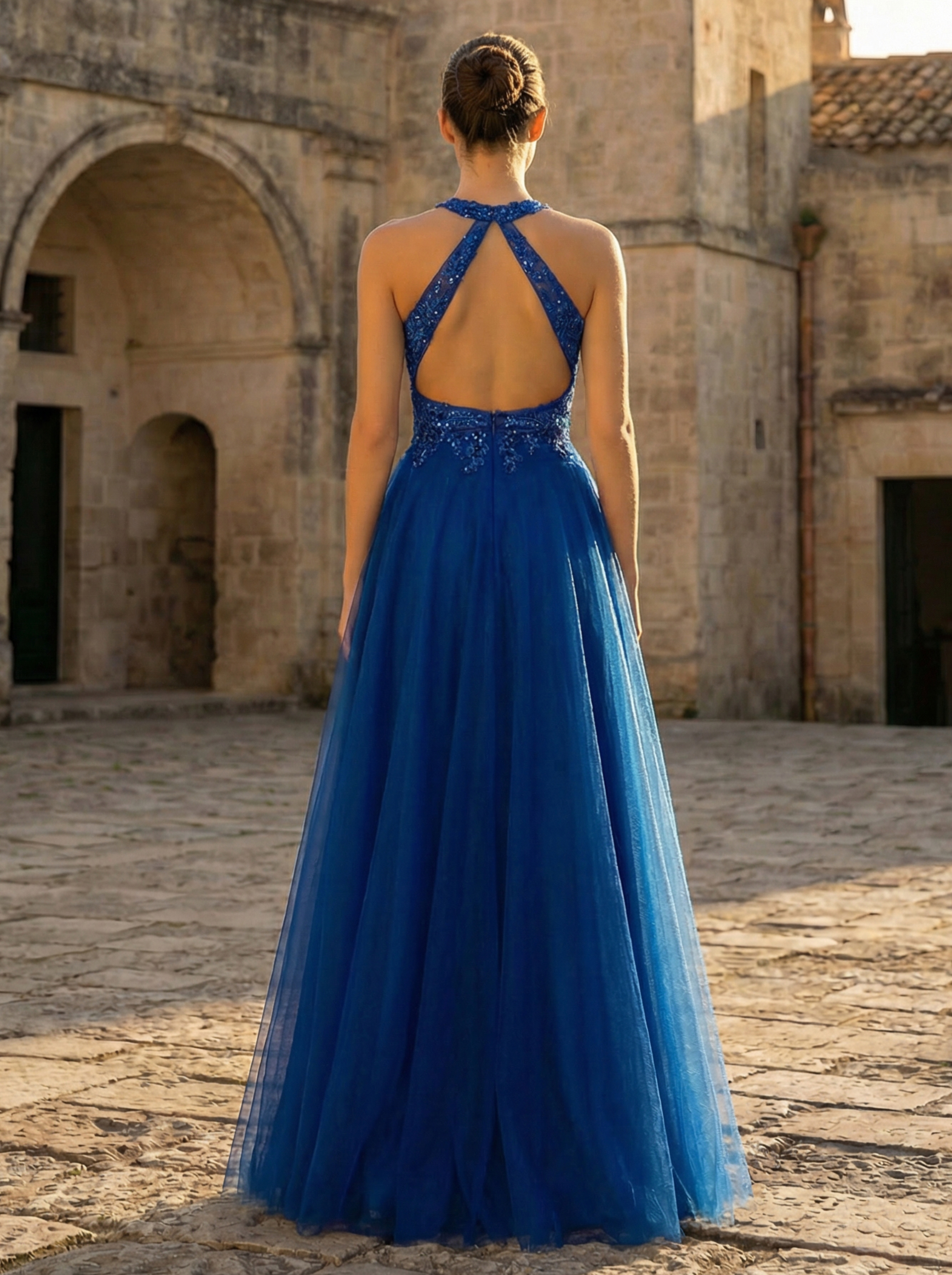 Elegant Royal Blue Formal Gown with a Halter Neckline and Floral Lace on Tulle in Royalblue - Elegant Formal Dress