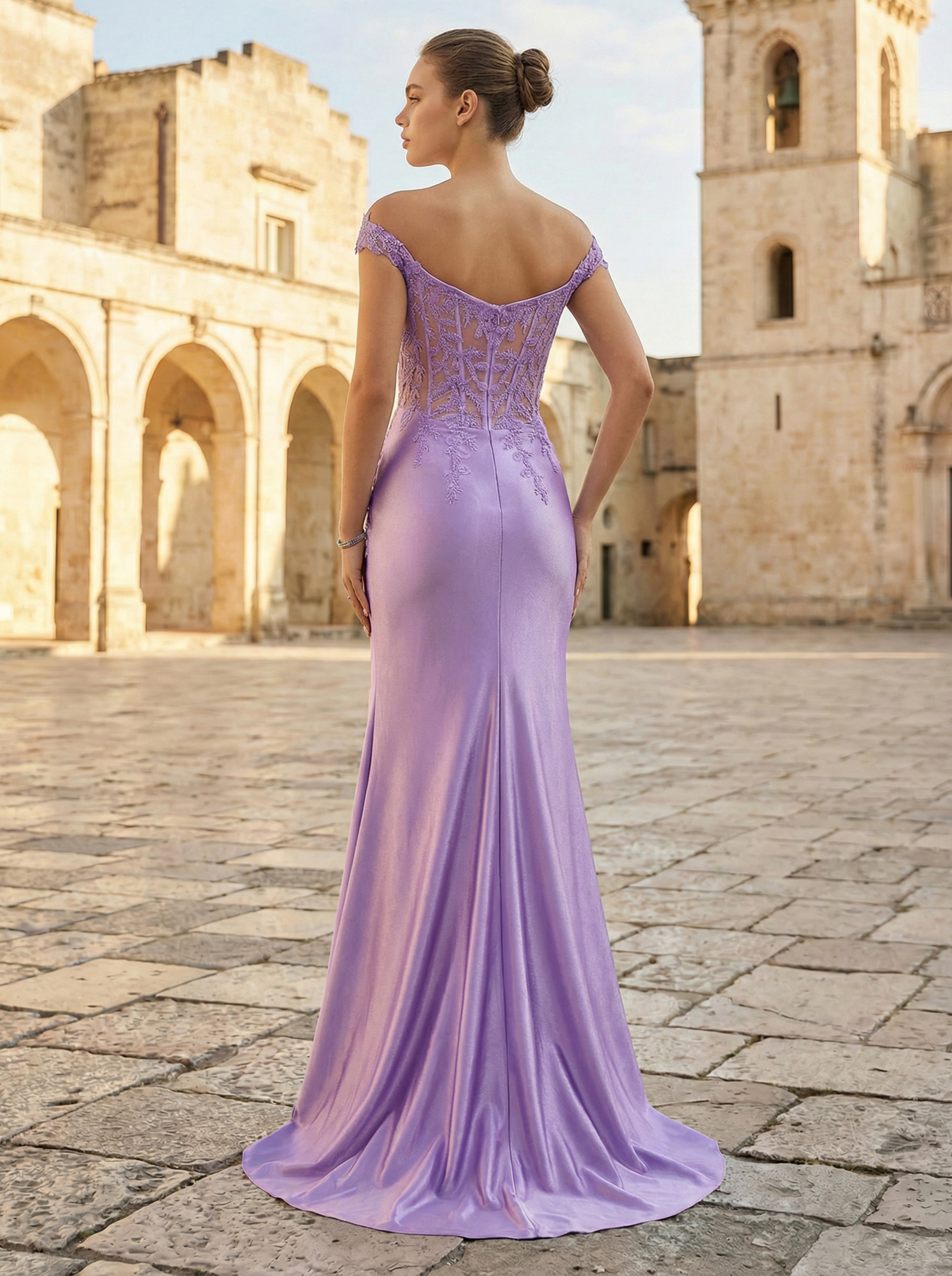 Lilac Floral Embroidered Off-Shoulder Sexy Evening Gown with High Slit in Lavender - Elegant Formal Dress
