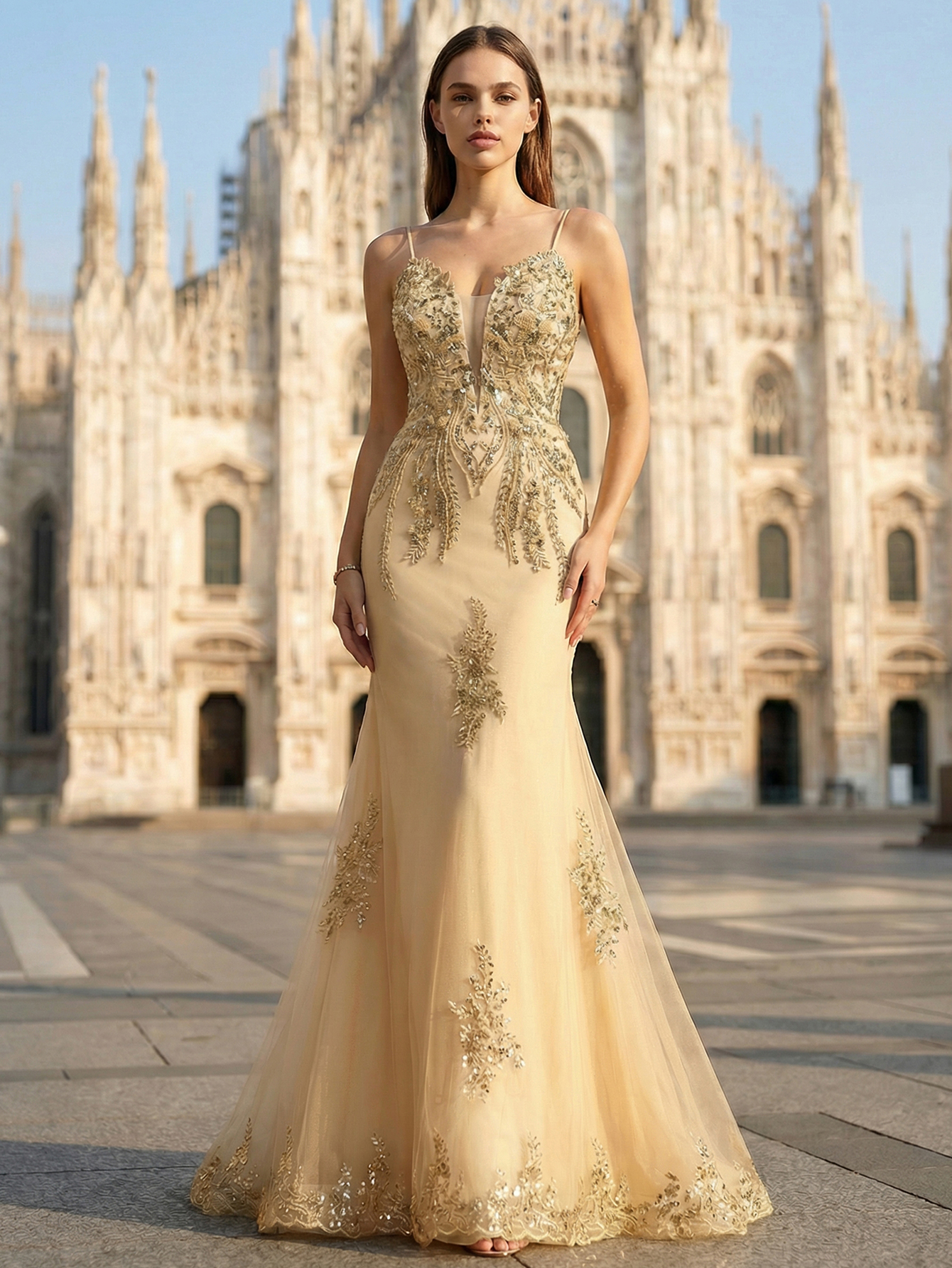 Mermaid Spaghetti Straps Sleeveless Dress With Appliqued Beading