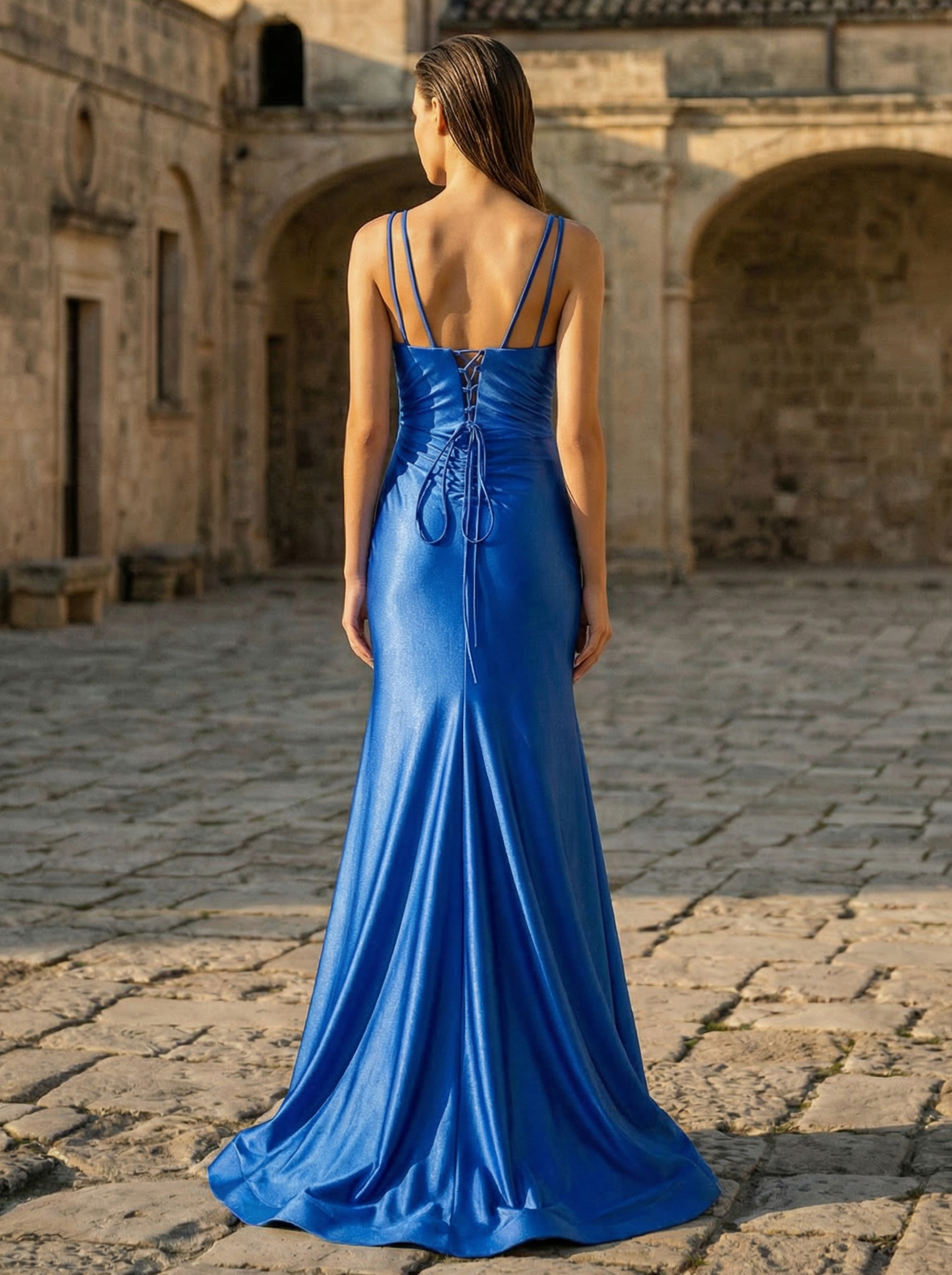 Elegant Sapphire Blue Mermaid Gown with a V-Neck and Beaded Details in RoyalBlue - Elegant Formal Dress