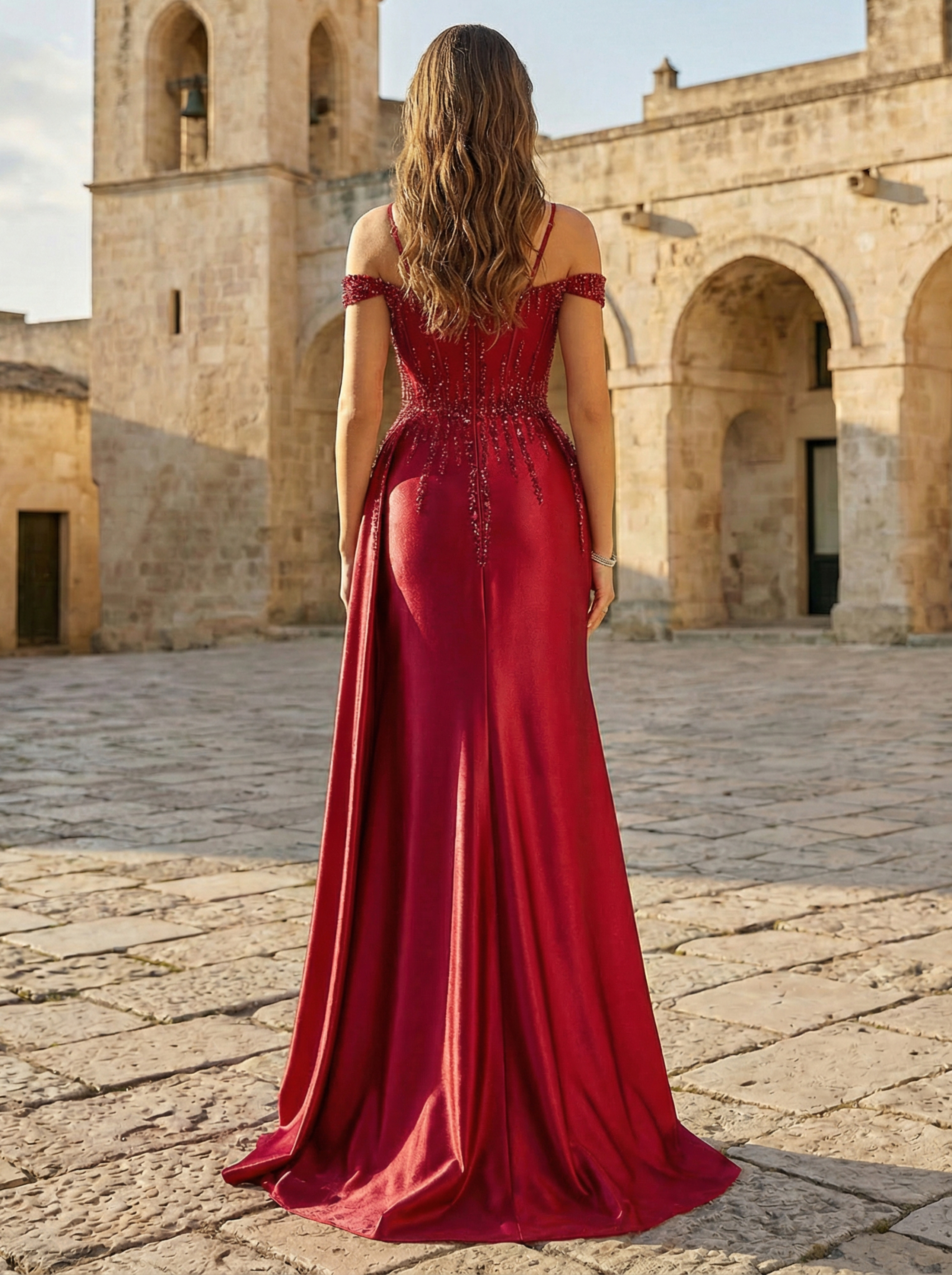 Beaded Mermaid Evening Gown with Delicate Spaghetti Straps in Burgundy - Elegant Formal Dress
