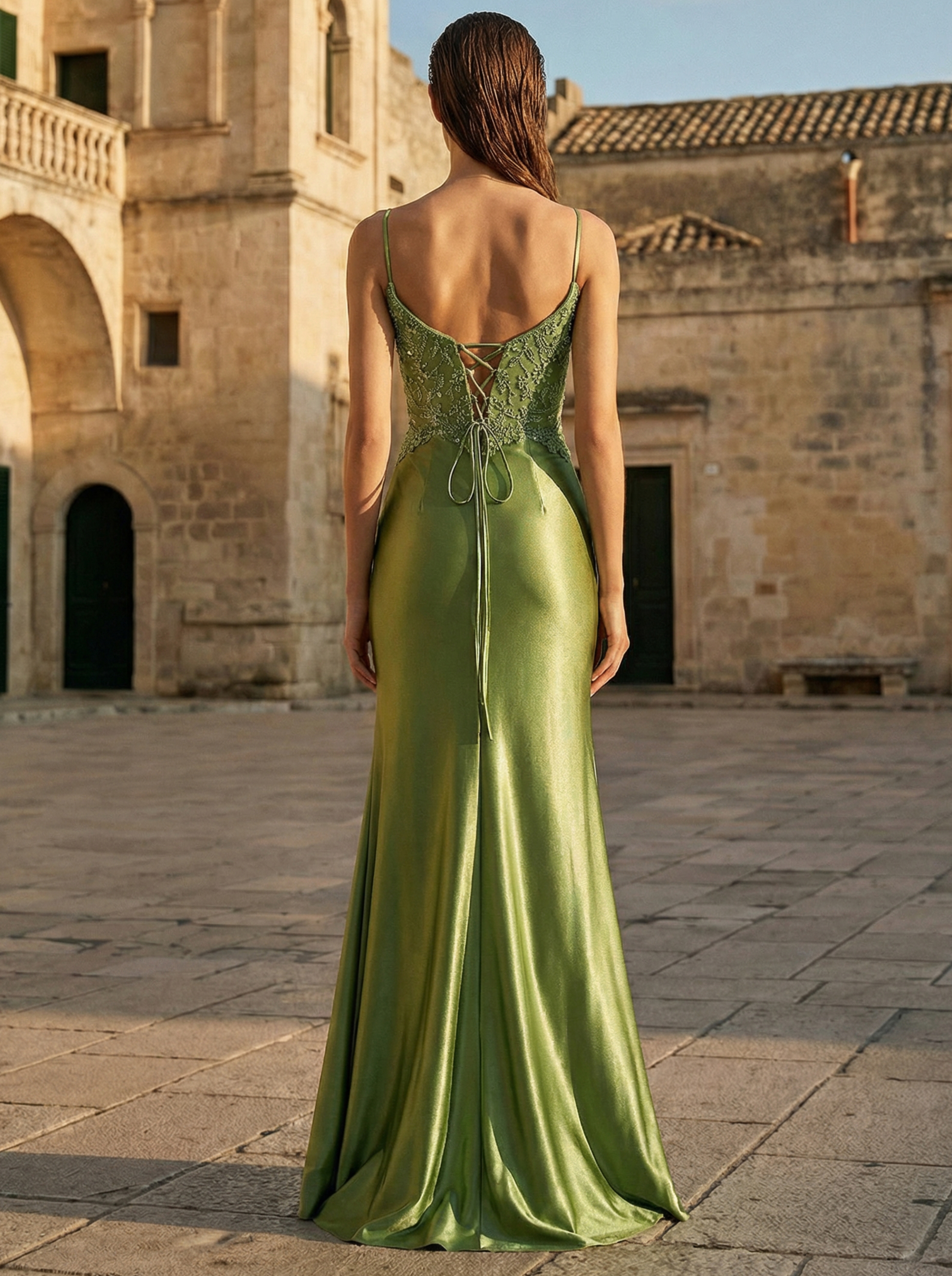 Elegant Green Mermaid Gown with Beaded Spaghetti Straps and a High Slit in Green - Elegant Formal Dress