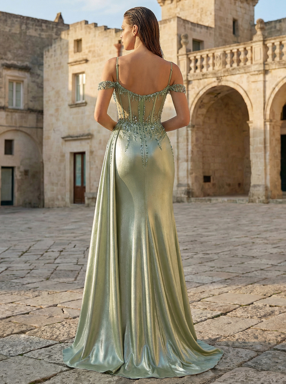 Beaded Mermaid Evening Gown with Delicate Spaghetti Straps in Lightgreen - Elegant Formal Dress