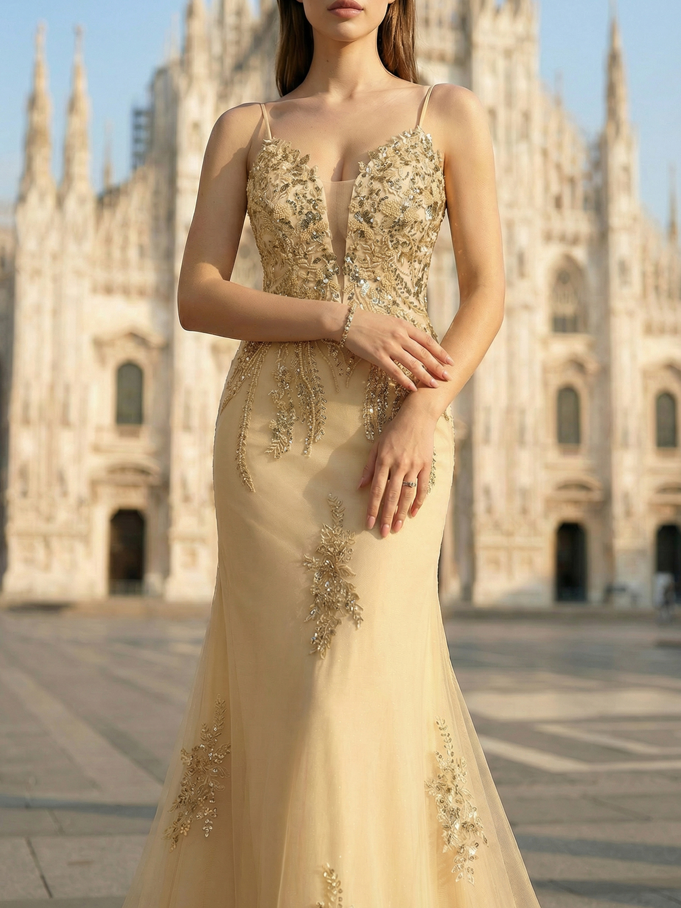 Mermaid Spaghetti Straps Sleeveless Dress With Appliqued Beading