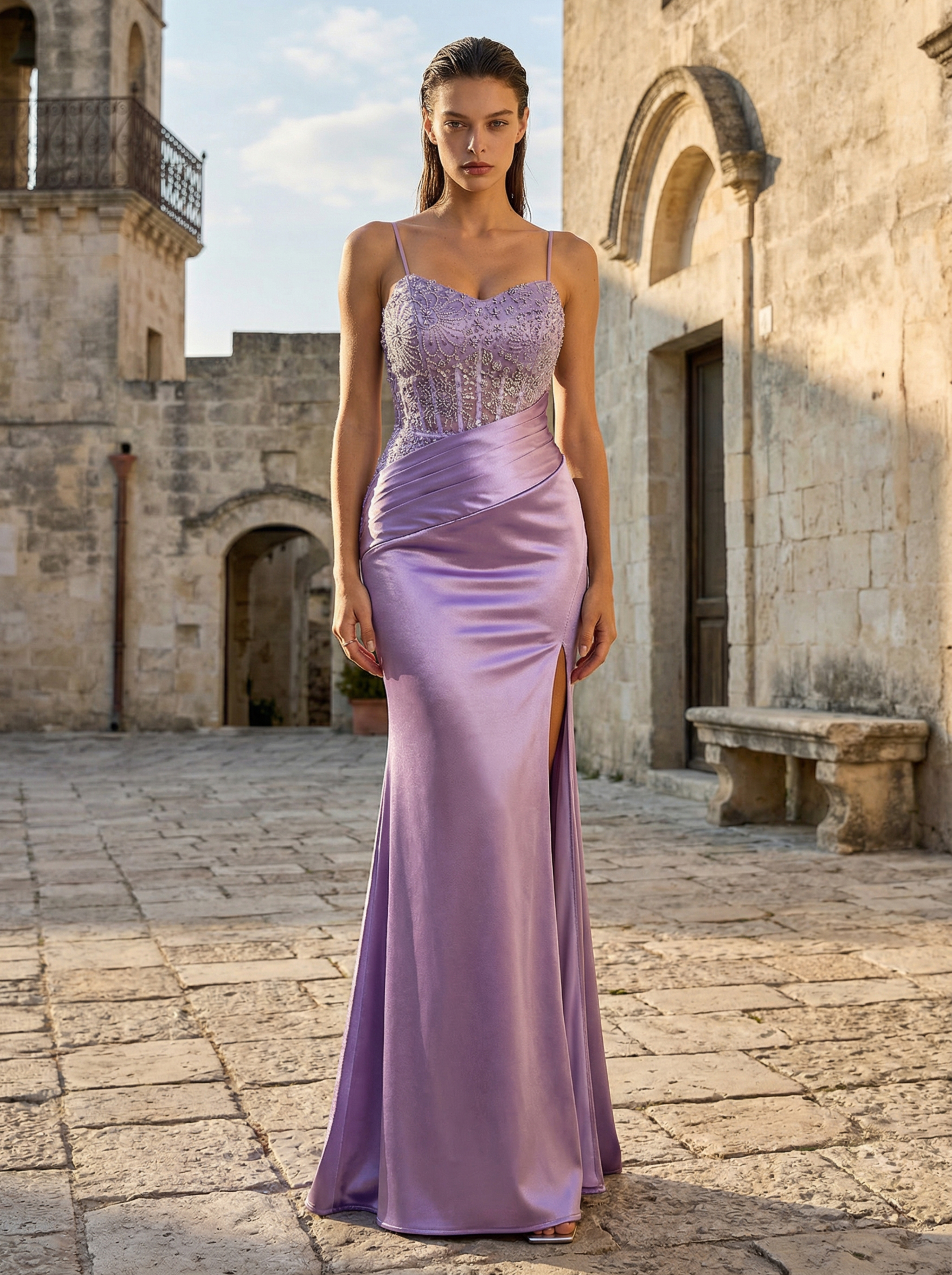 Purple Spaghetti Strap Beaded Prom Dress with Slit in Purple - Elegant Formal Dress