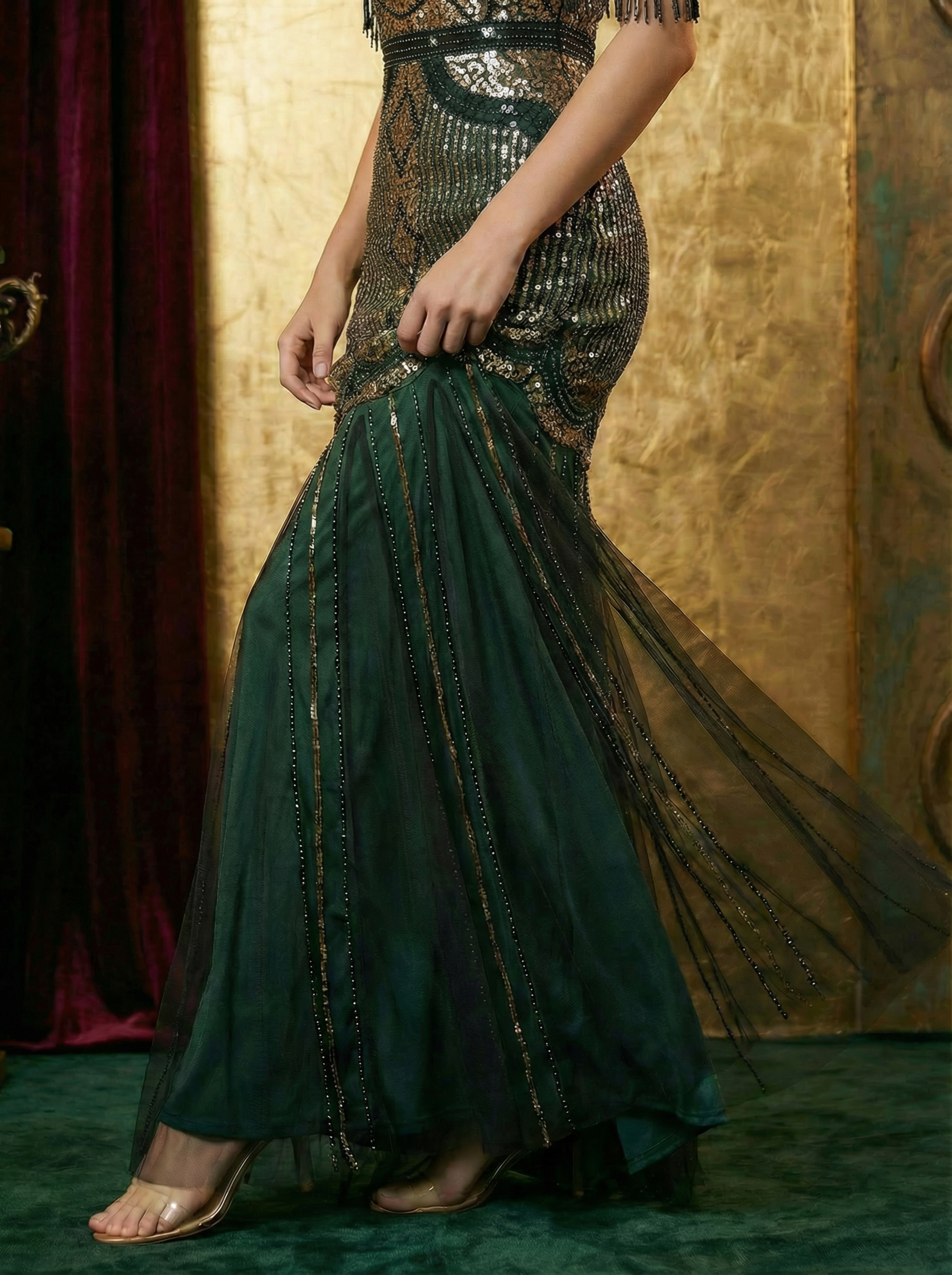 Vintage Emerald Green Gown with Gold Sequin Embroidery