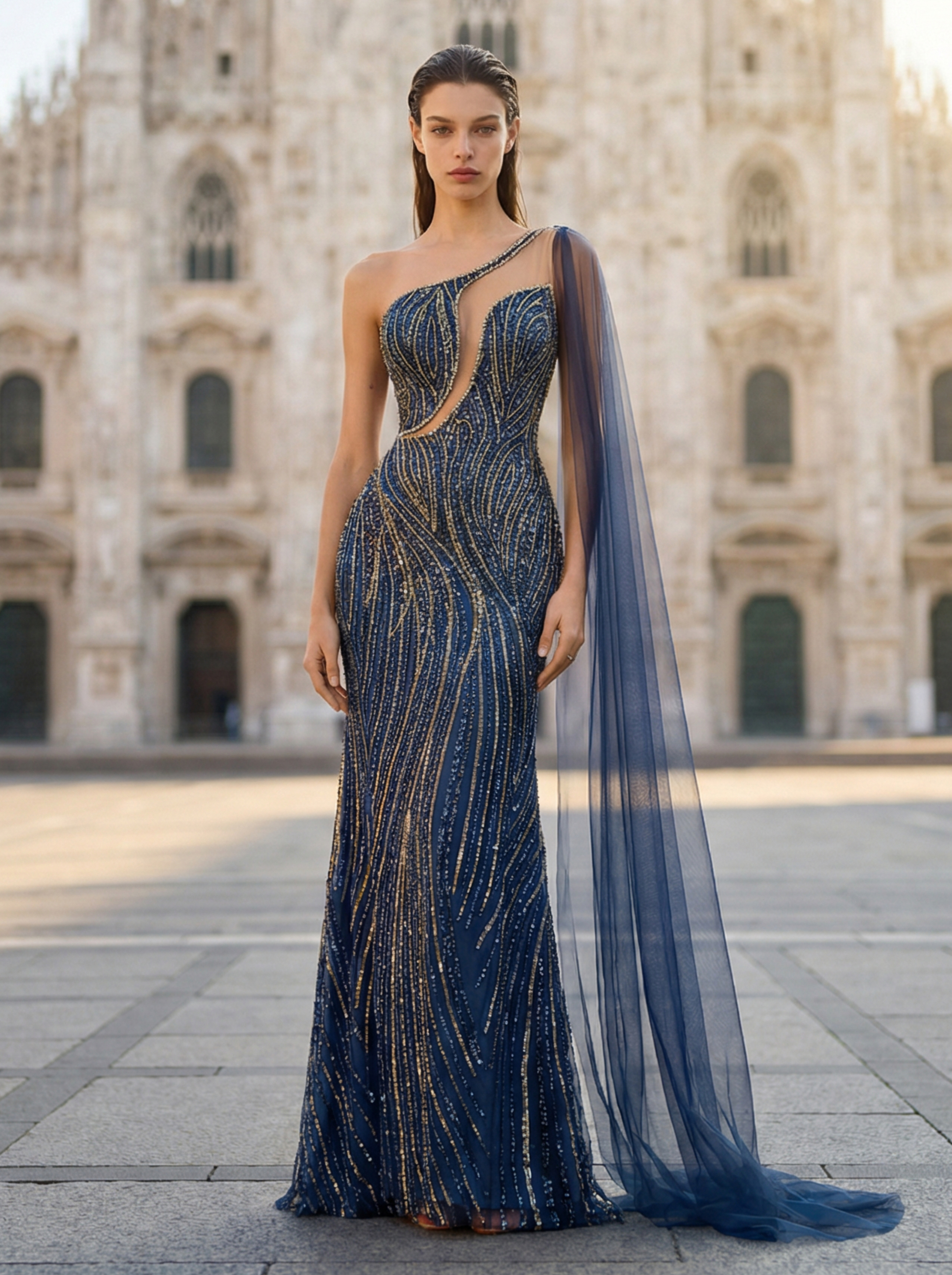 Elegant Beaded Navy Mermaid Gown with Off-the-Shoulder Sleeves