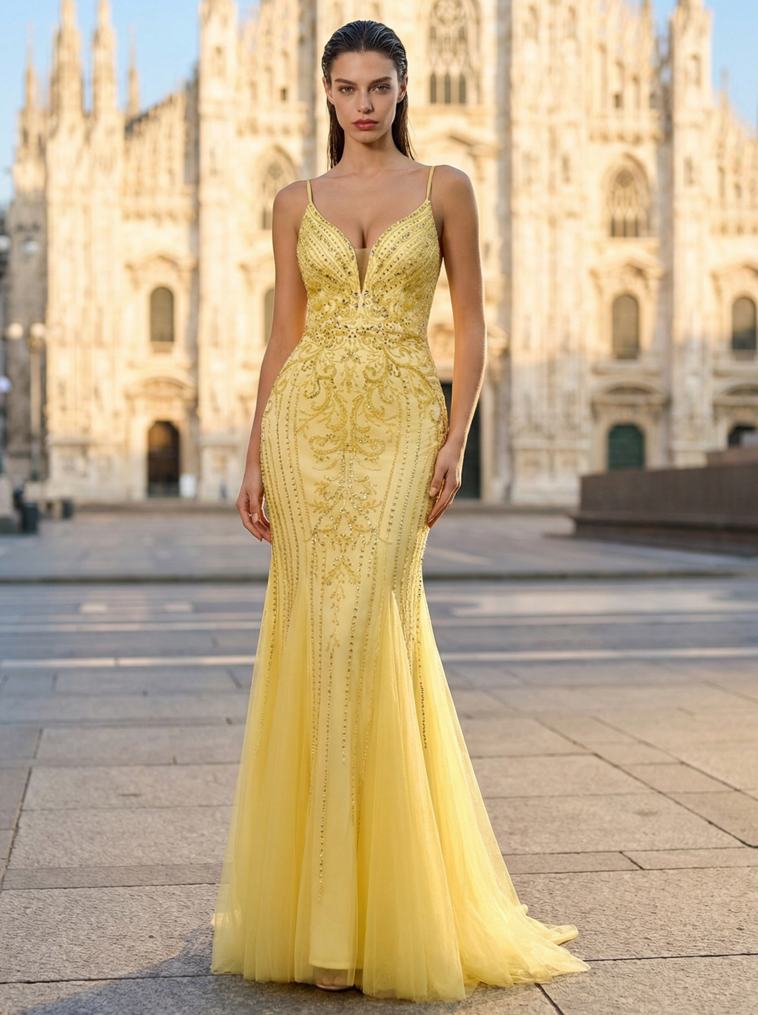 Elegant Lemon Chiffon Strapless Mermaid Prom Dress with Beaded Embellishments