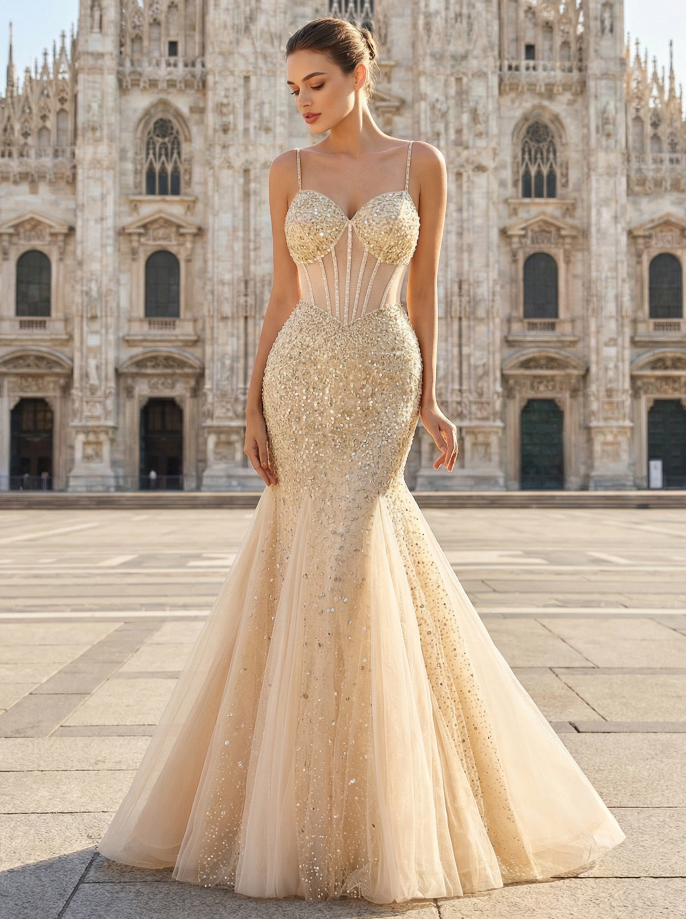 Luxurious Heavily Beaded Mermaid Gown with Hand-Sewn Crystals on Tulle