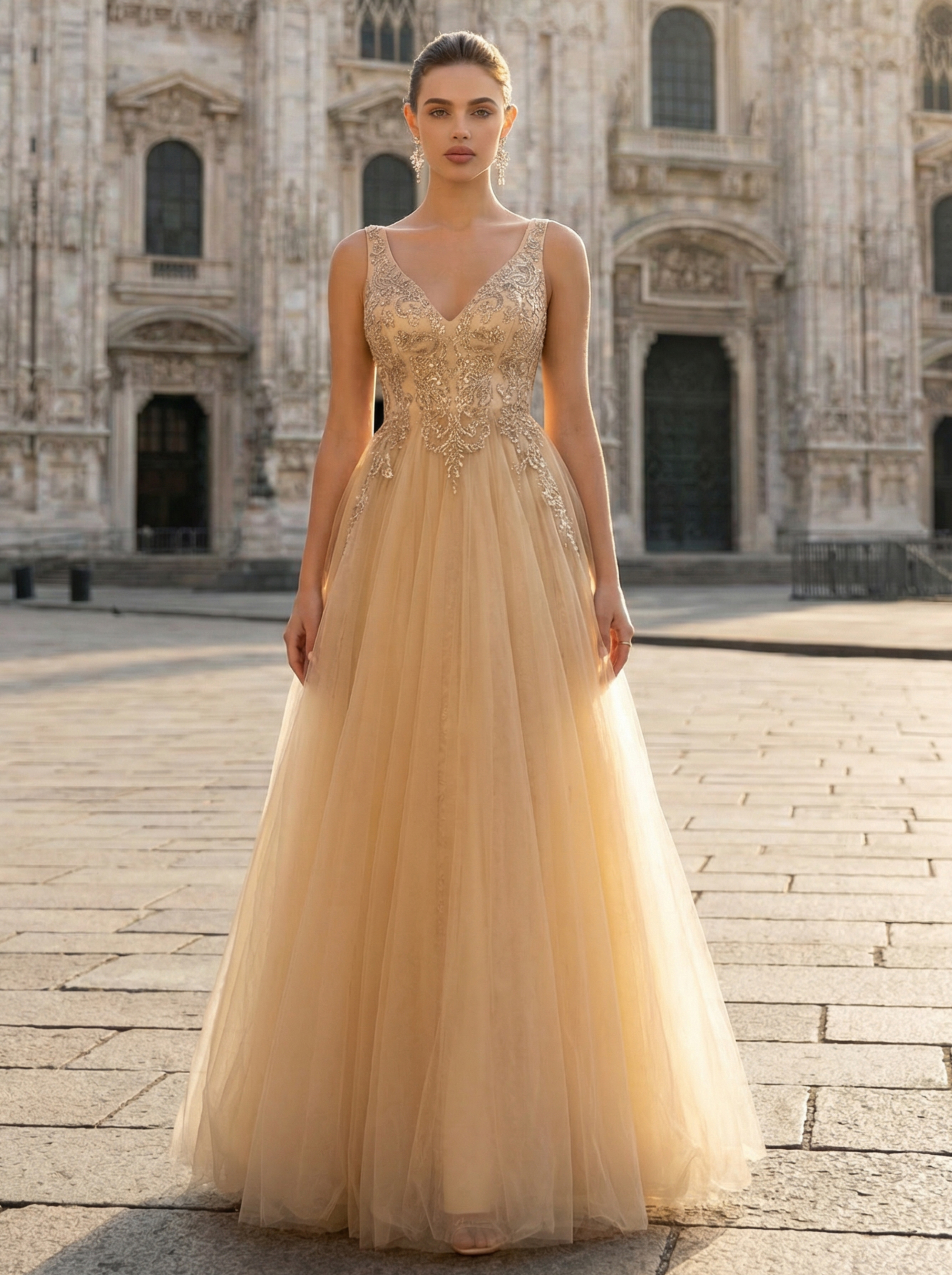 Deep Champagne Embroidered Tulle Evening Gown with Full Skirt