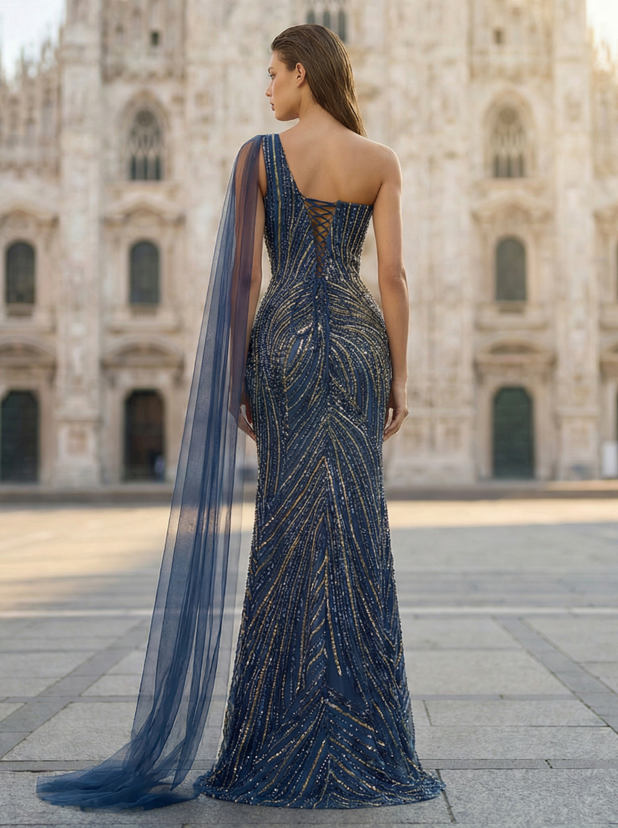 Elegant Beaded Navy Mermaid Gown with Off-the-Shoulder Sleeves