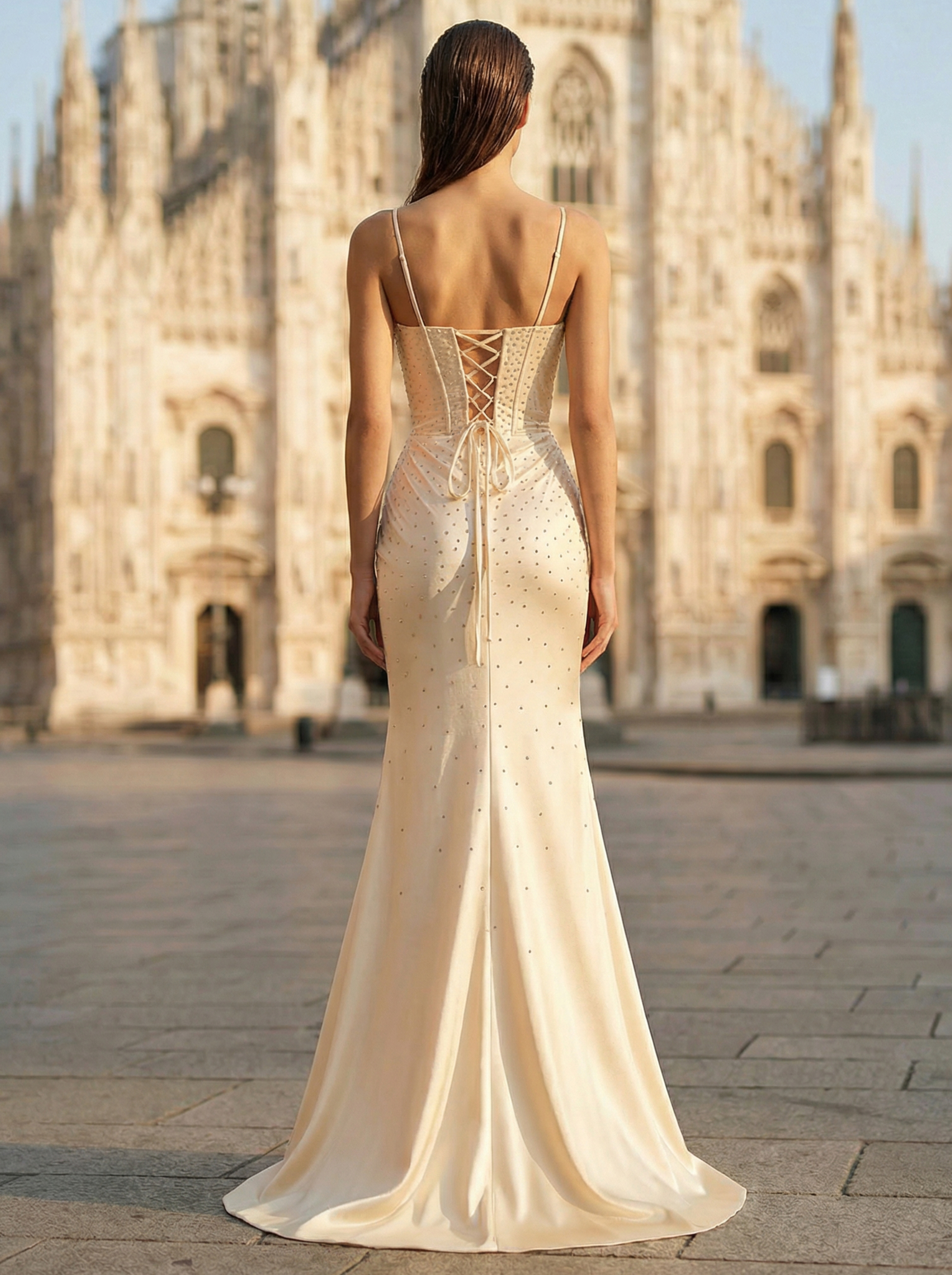 Elegant Champagne Sequin Spaghetti Strap Prom Dress with Beaded Tassels