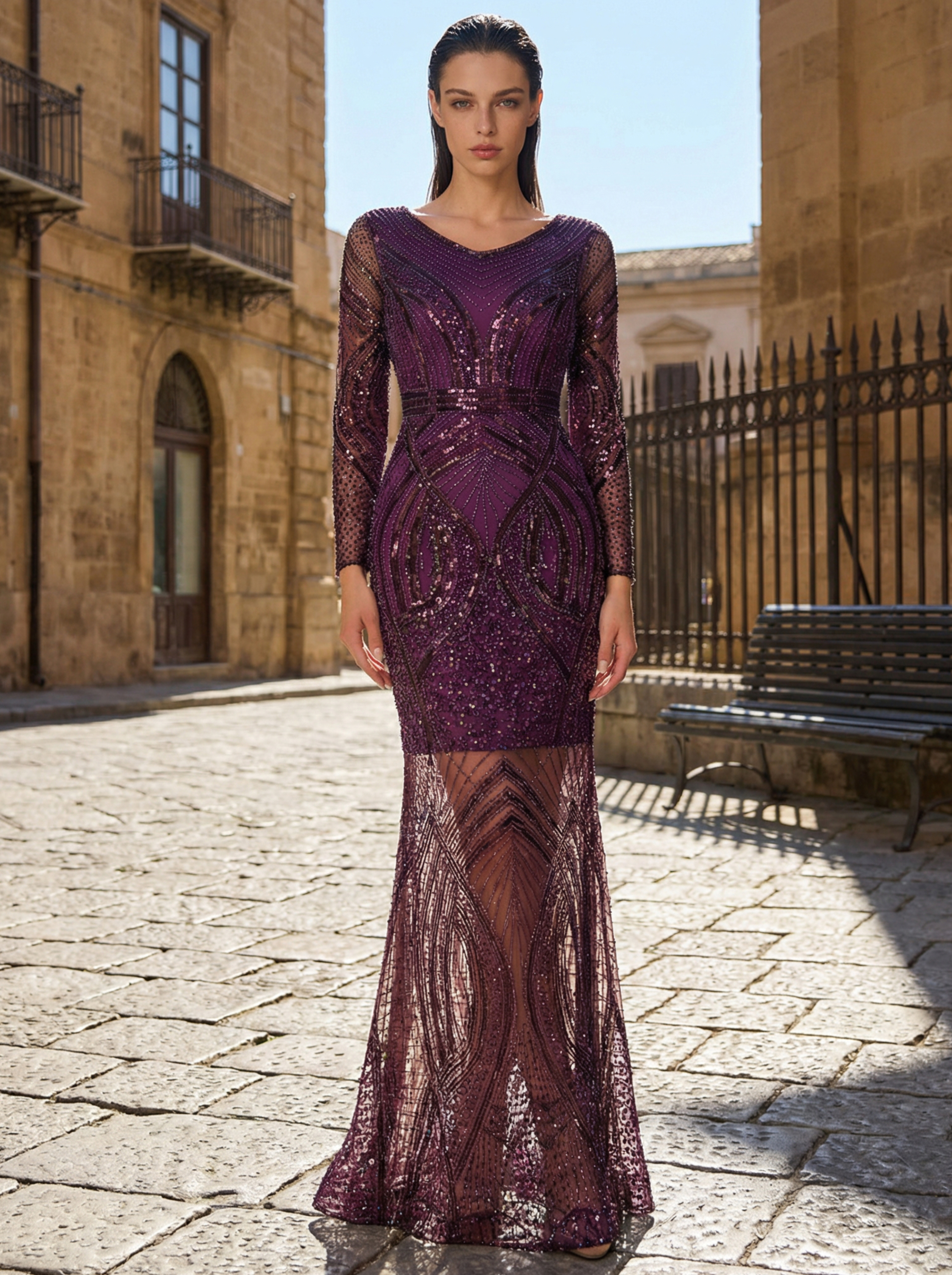 Elegant Long Sleeve Bodycon Evening Gown Beaded Party Dress