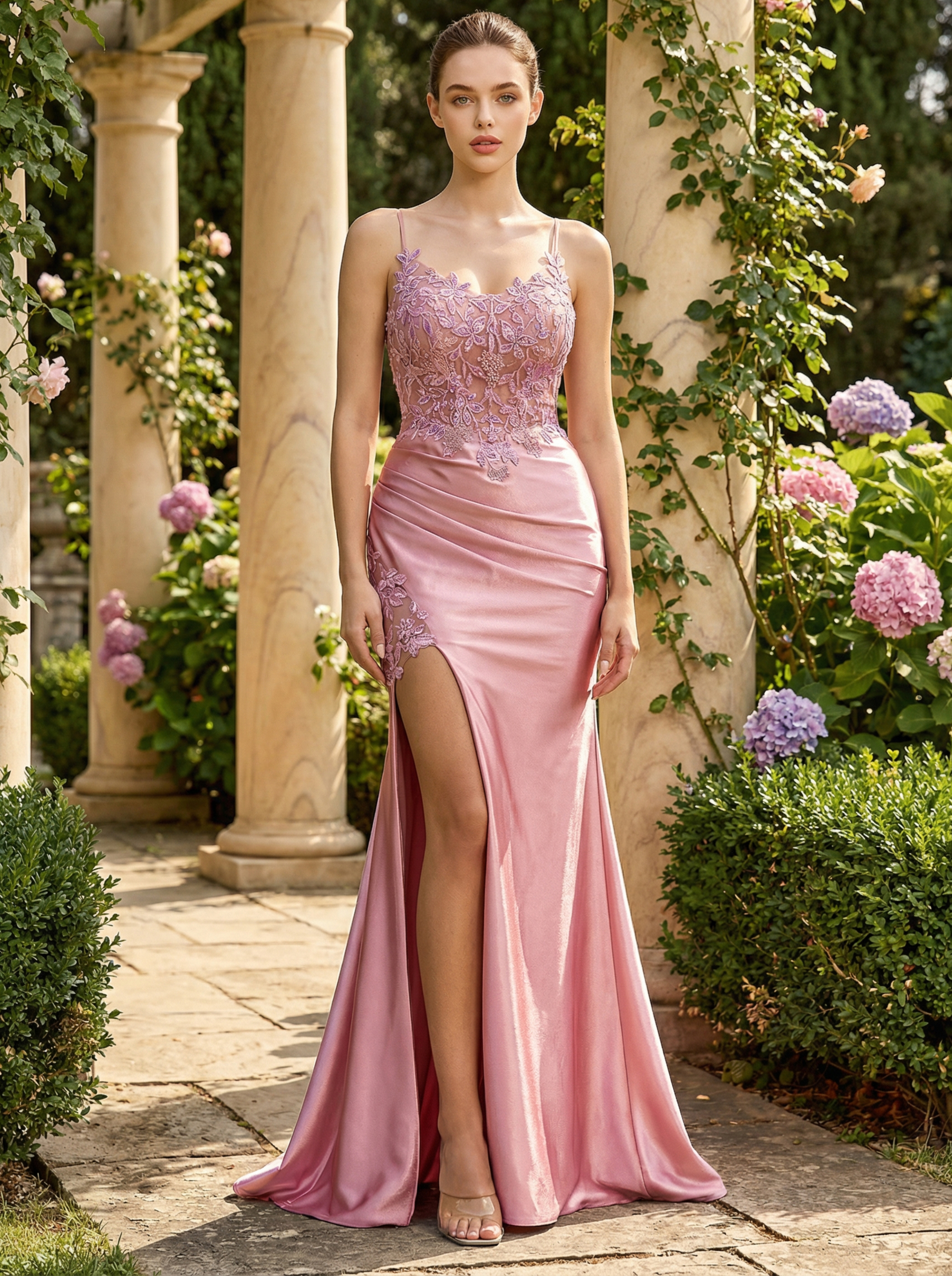 Elegant Blush Embroidered Gown with Spaghetti Straps and a Mermaid Slit