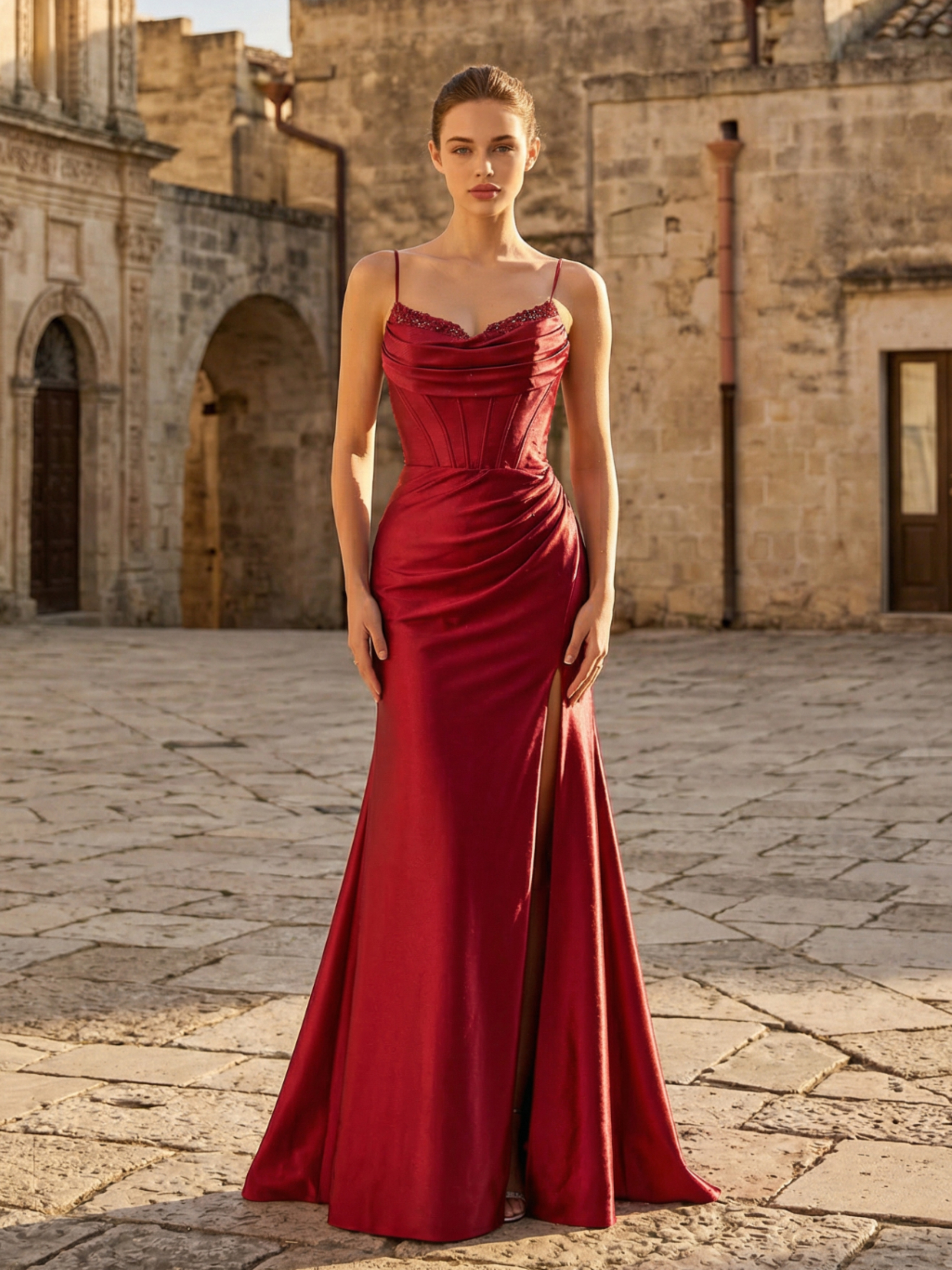 Luxury Wine Red Mermaid Gown with Crystal Embroidery and Draped Slit