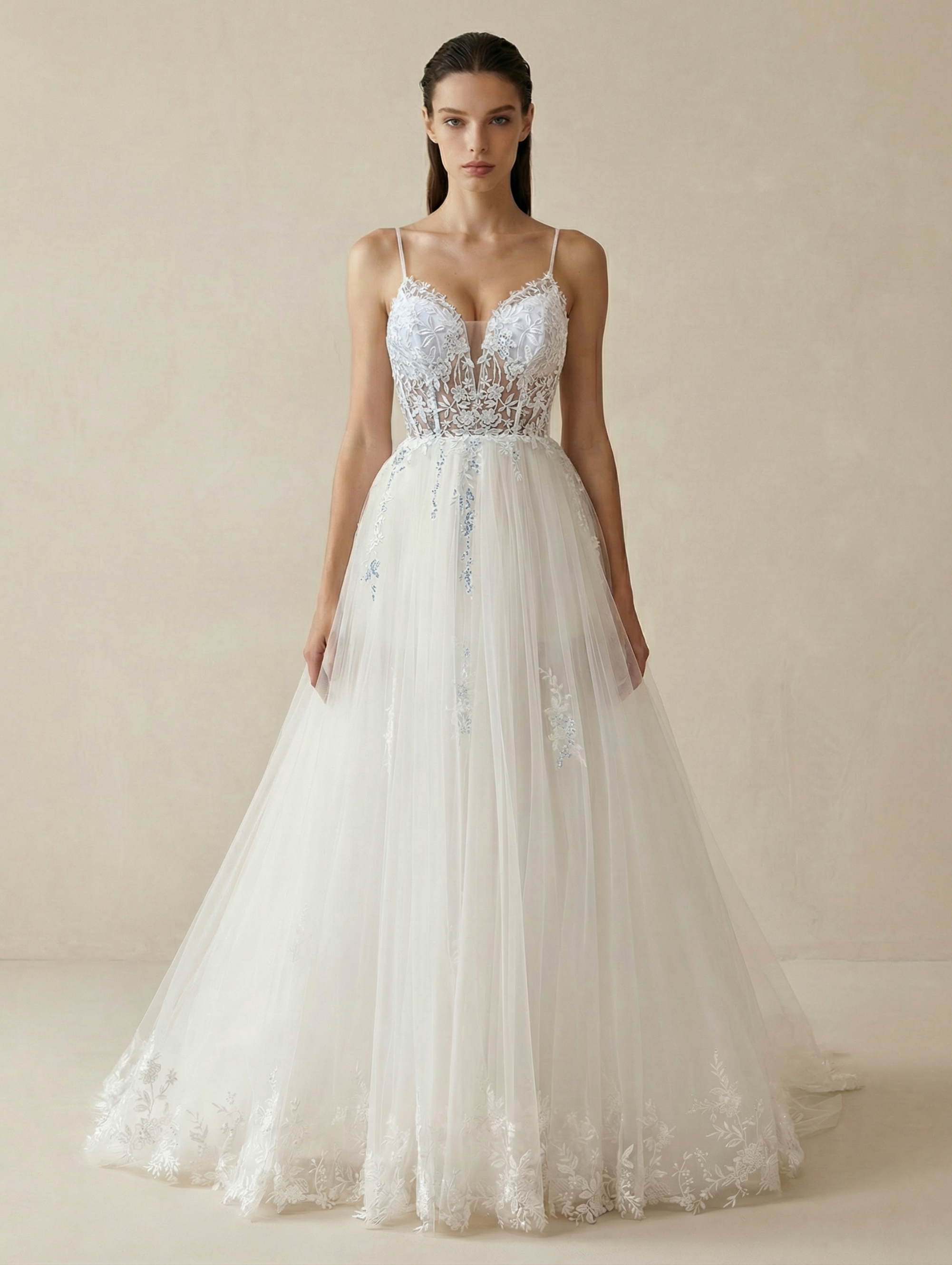 Elegant Lace Bodice Tulle A-Line Wedding Dress with 3D Applique