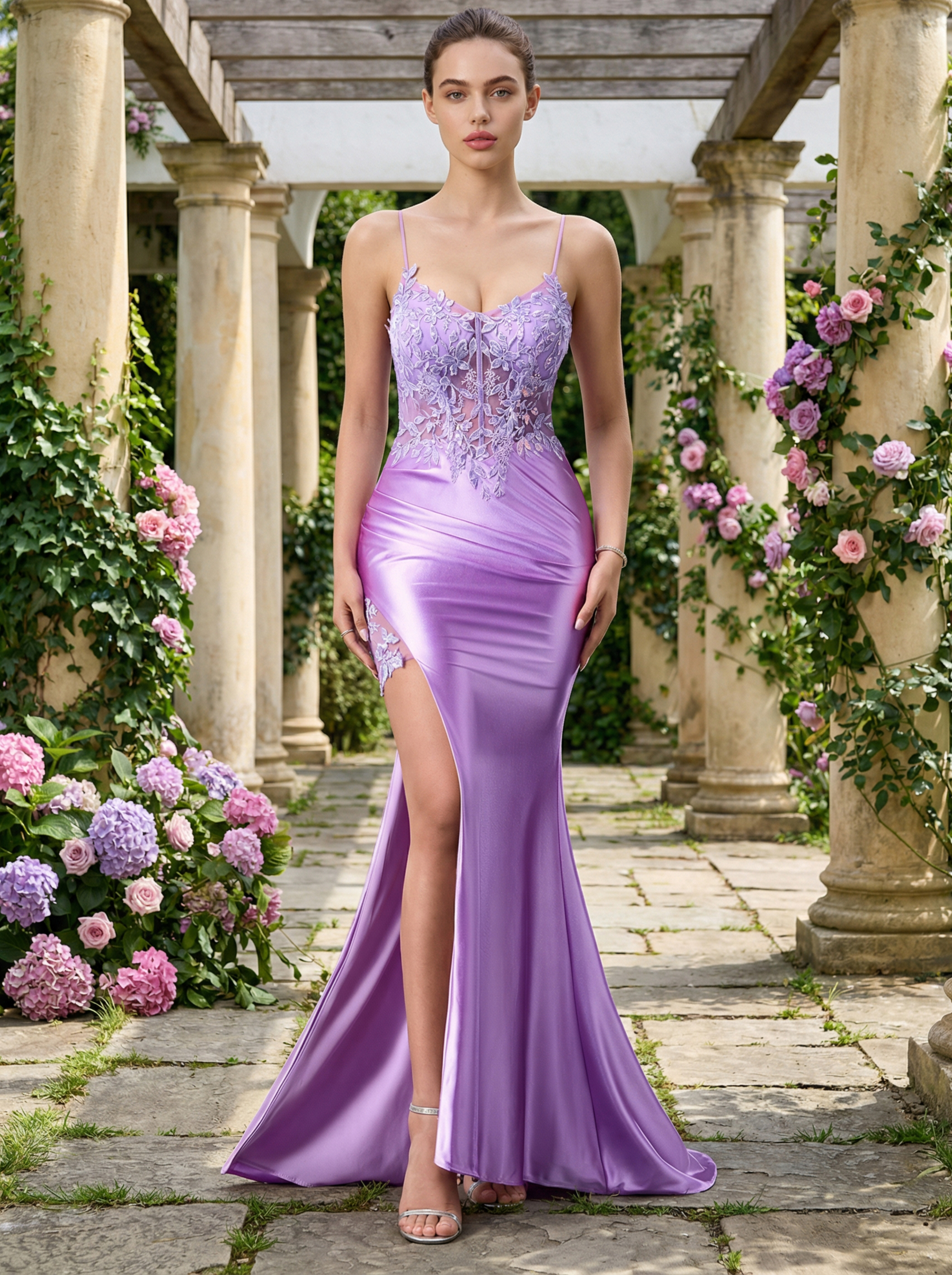 Elegant Lavender Embroidered Gown with Spaghetti Straps and a Mermaid Slit