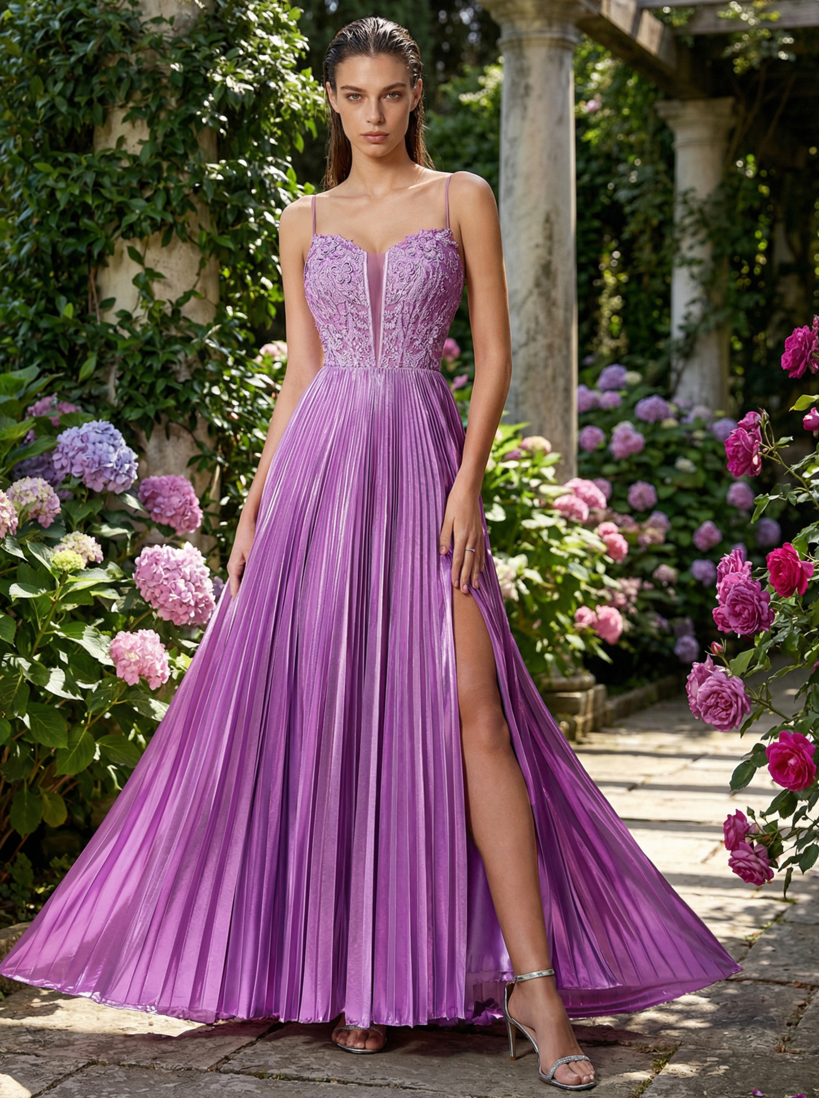Elegant Purple Formal Gown with Guipure Lace and Pleated Panels
