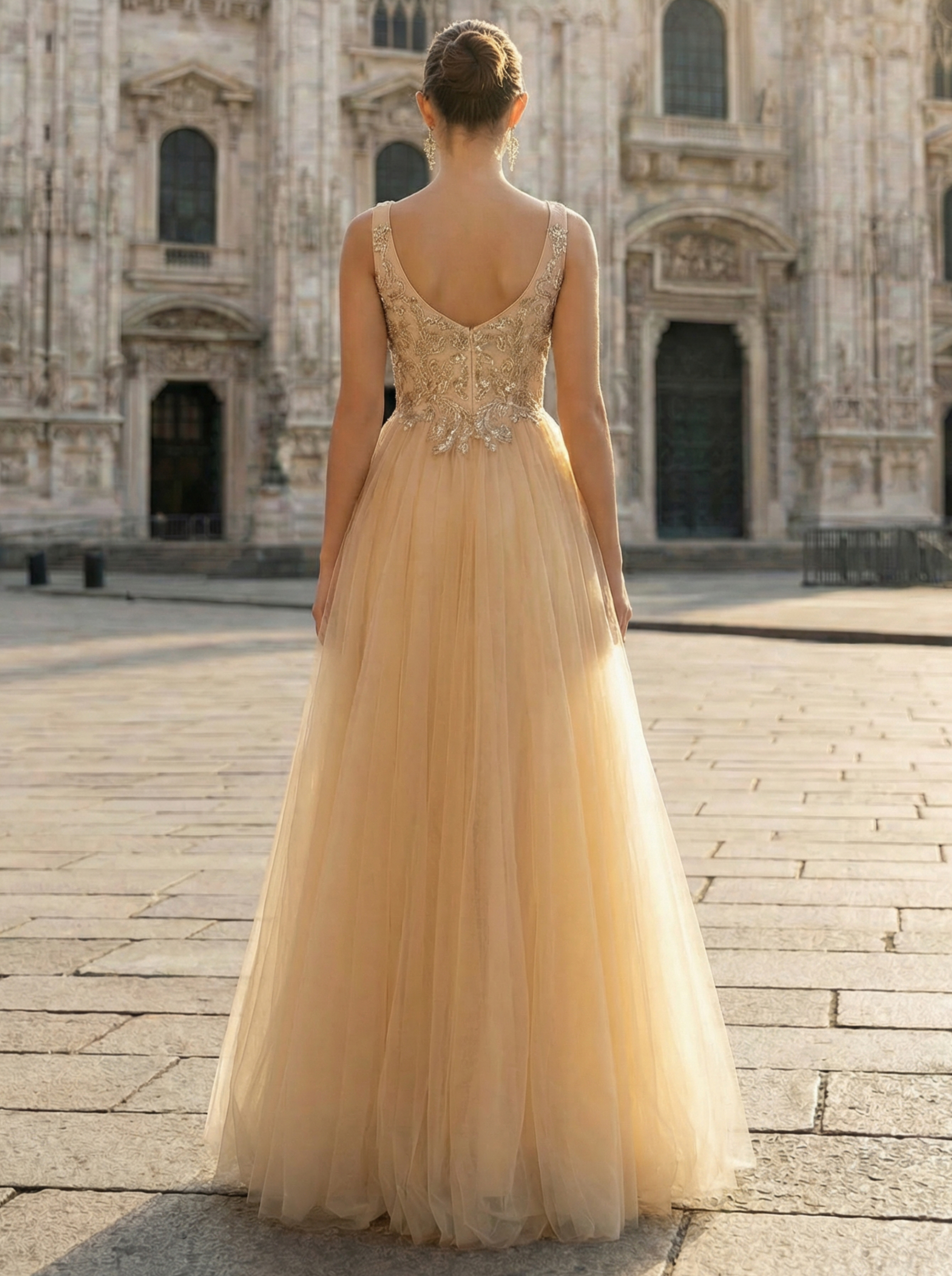 Deep Champagne Embroidered Tulle Evening Gown with Full Skirt