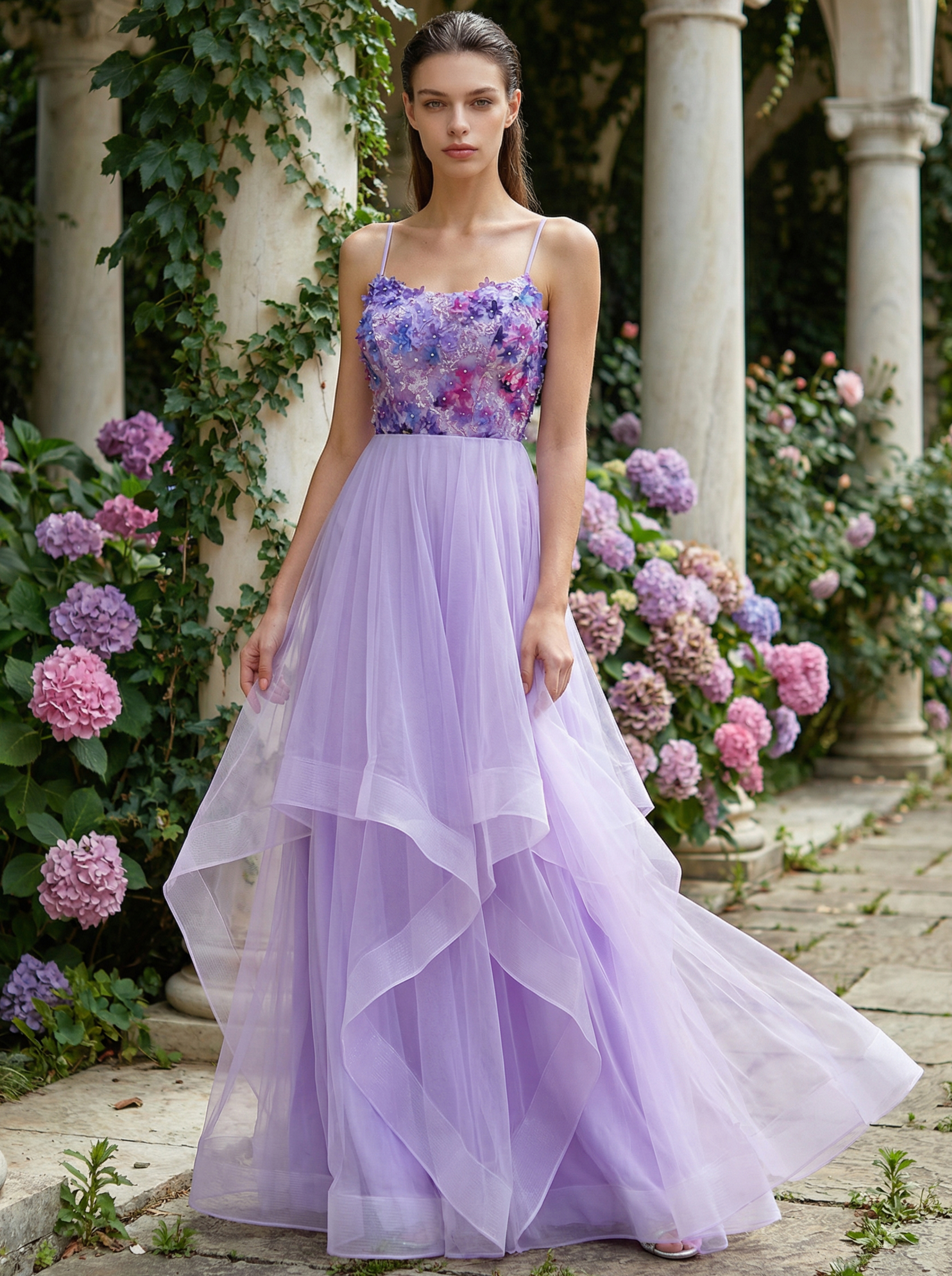 Colorful Spaghetti-Strap Prom Dress with Multi-Layered Tulle Skirt