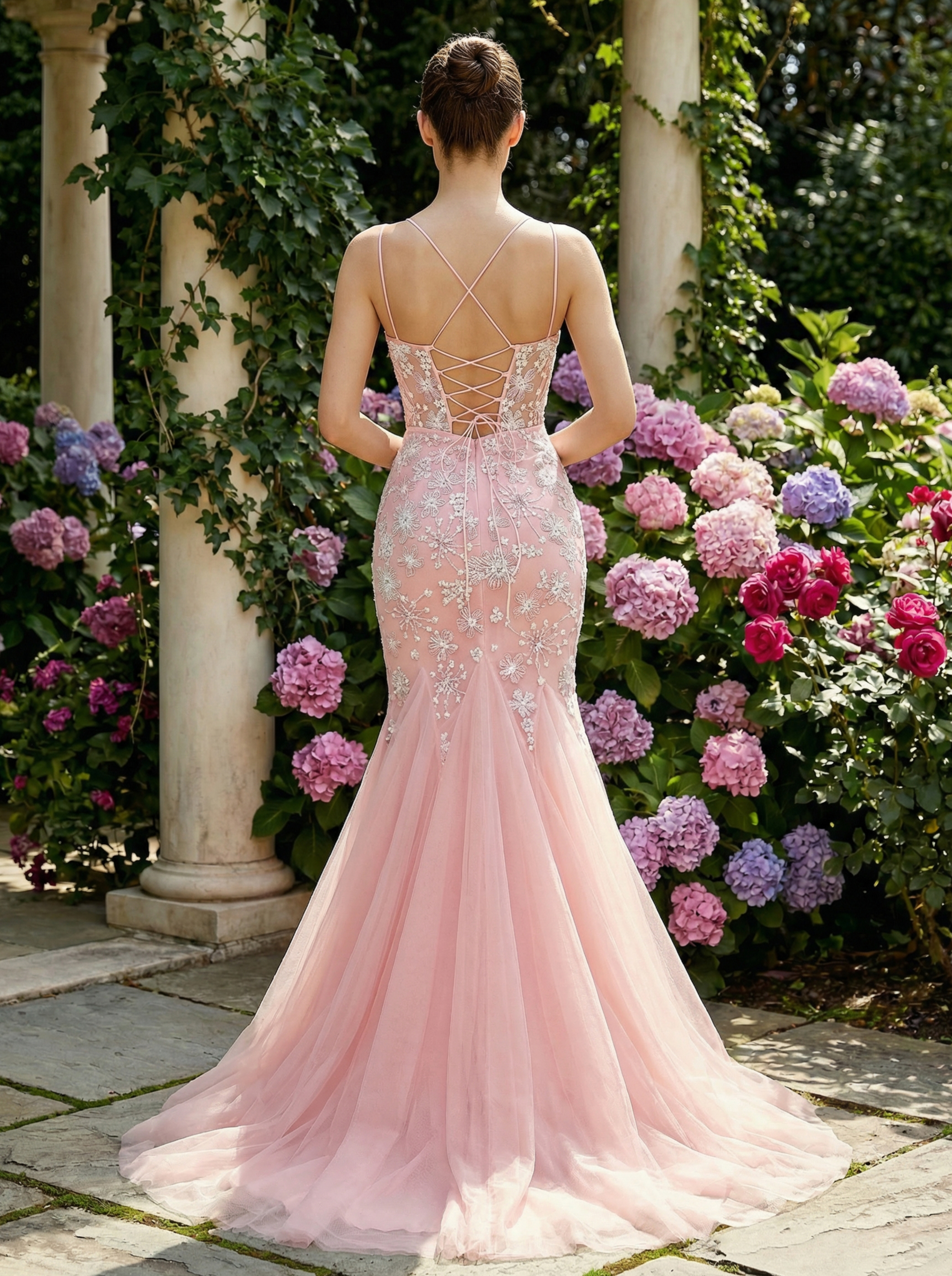 Pink Tulle Beaded-Embroidered Spaghetti-Strap Mermaid Gown