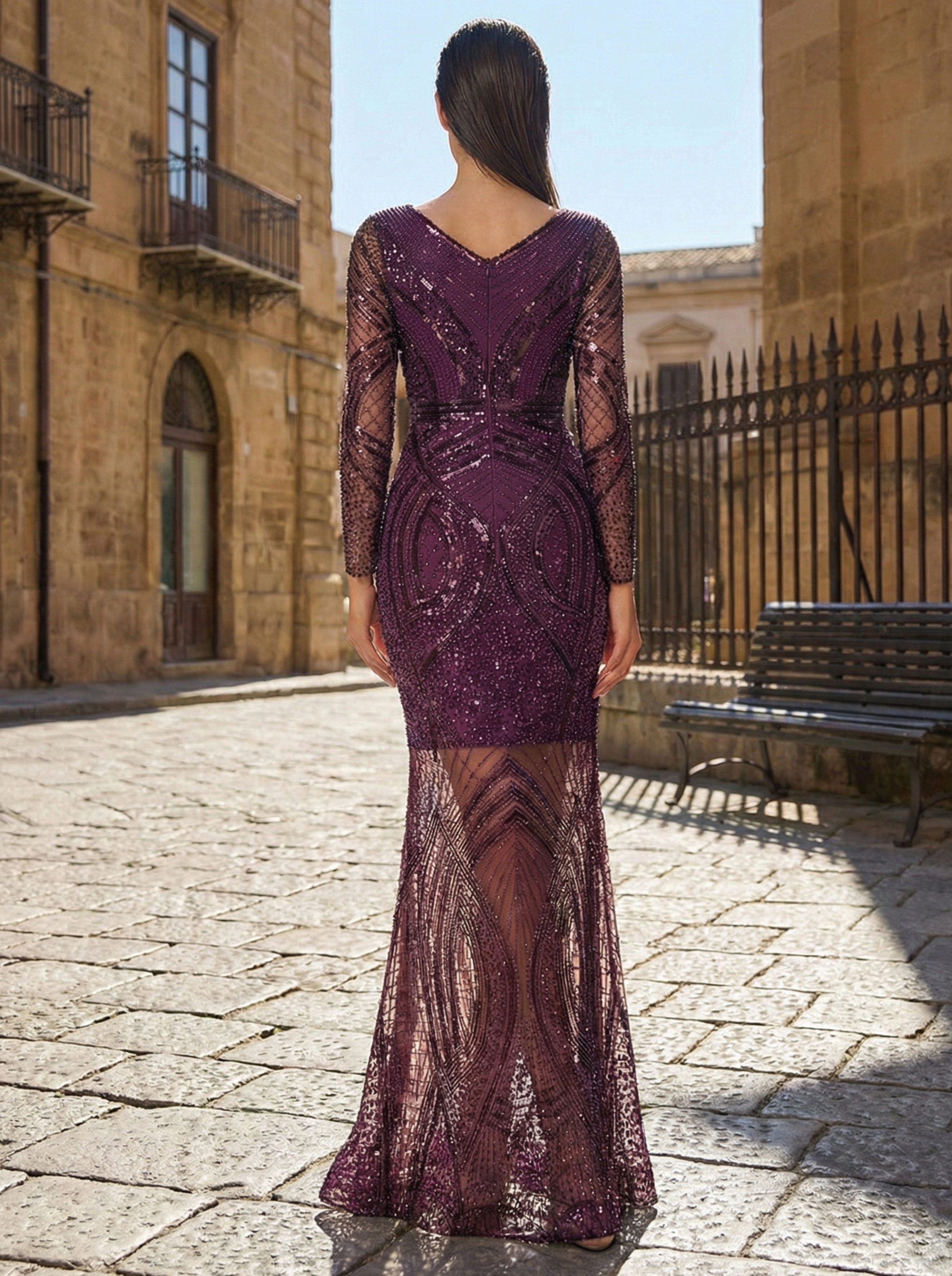 Elegant Long Sleeve Bodycon Evening Gown Beaded Party Dress