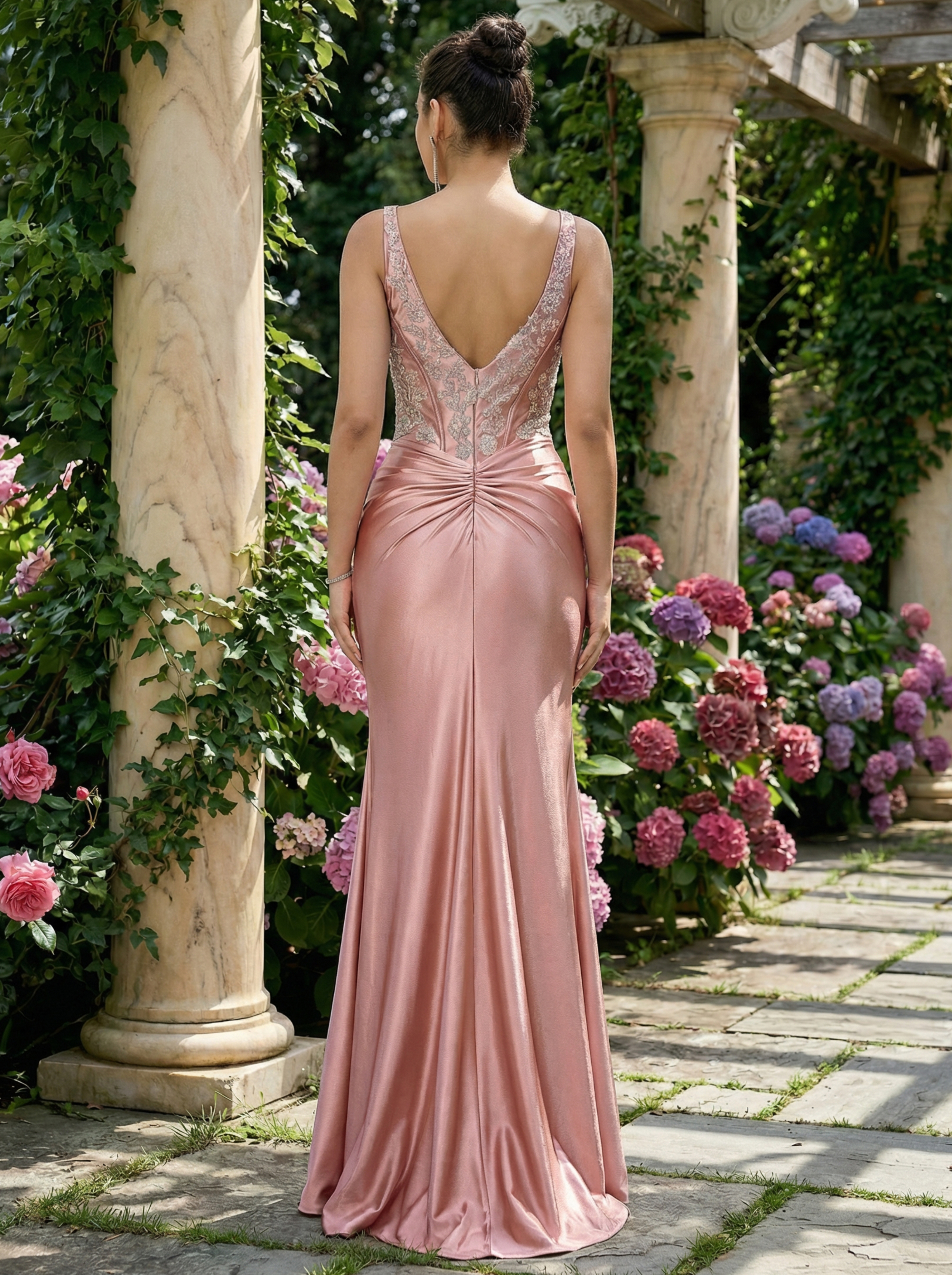 Elegant V-Neck Floral-Patterned Ruched High-Slit Mermaid Prom Evening Gown